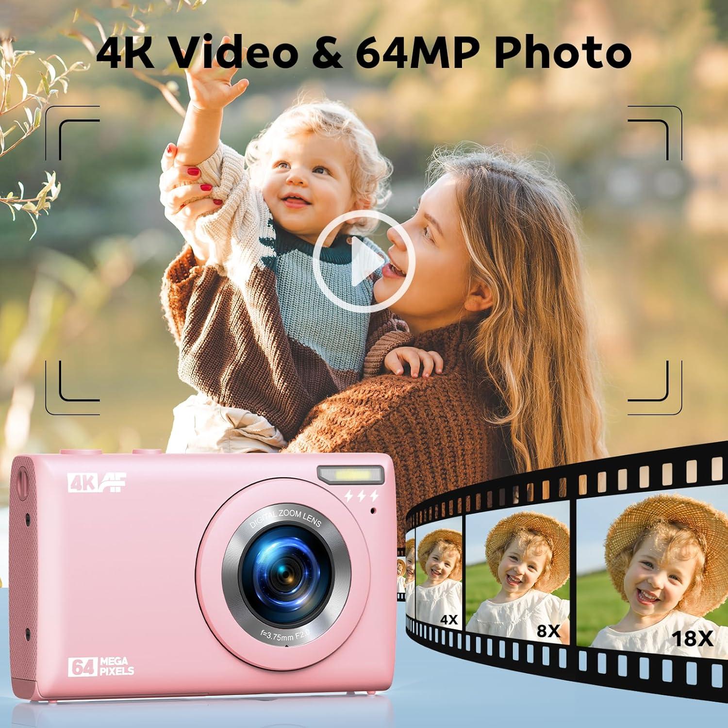 4K Digital Camera for Vlog 64MP Autofocus 32GB Card, Point and Shoot Digital Cameras with 18X Digital Zoom, 2 Batteries, Compact Travel Camera for Teens Boys Girls Kids Pink