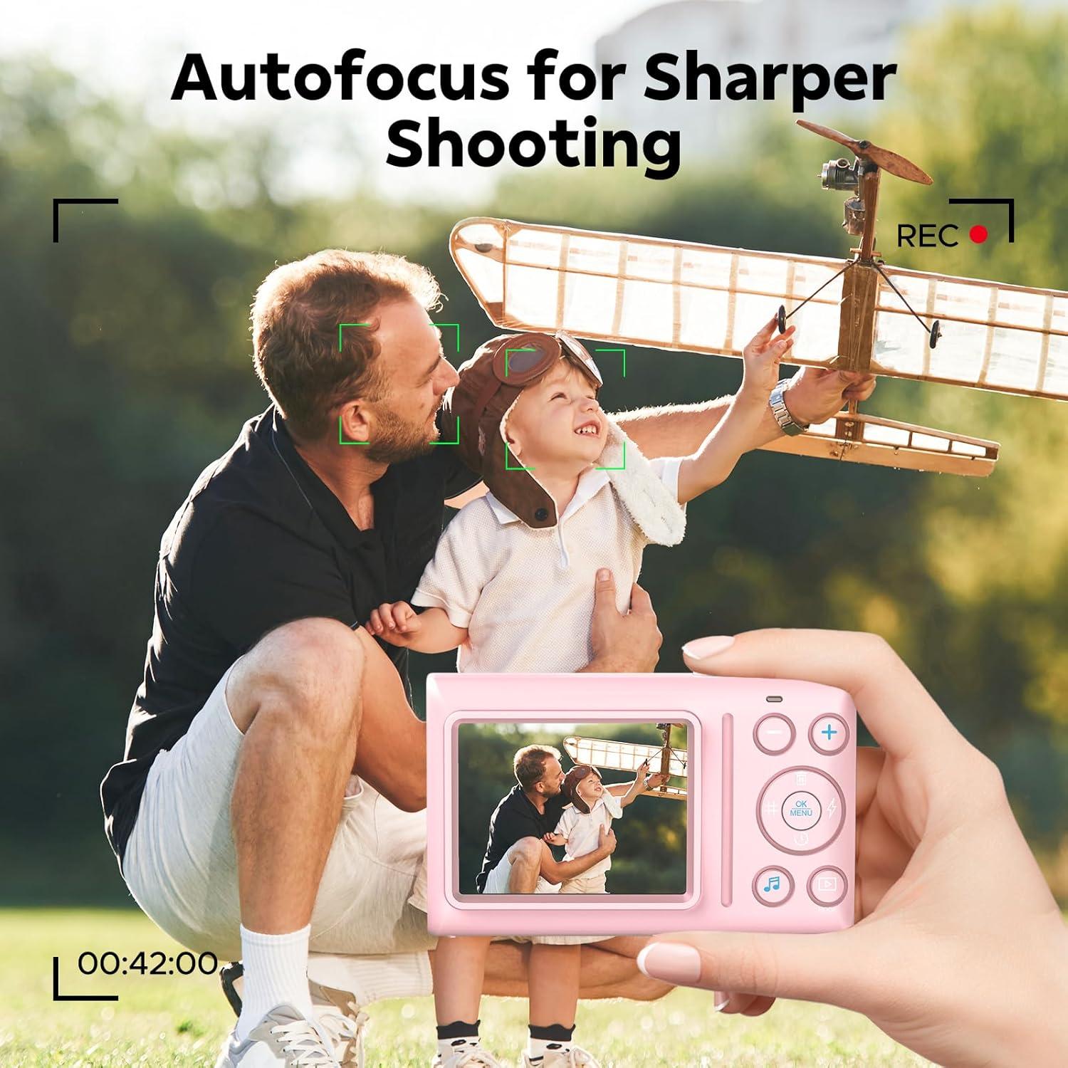 4K Digital Camera for Vlog 64MP Autofocus 32GB Card, Point and Shoot Digital Cameras with 18X Digital Zoom, 2 Batteries, Compact Travel Camera for Teens Boys Girls Kids Pink