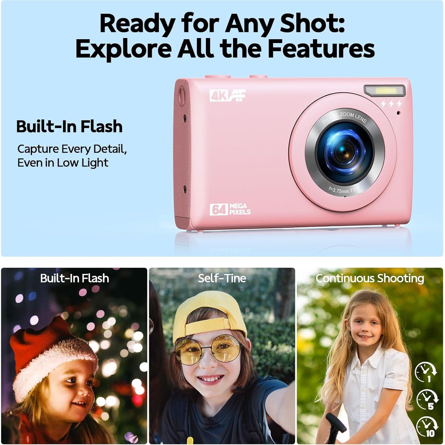 4K Digital Camera for Vlog 64MP Autofocus 32GB Card, Point and Shoot Digital Cameras with 18X Digital Zoom, 2 Batteries, Compact Travel Camera for Teens Boys Girls Kids Pink