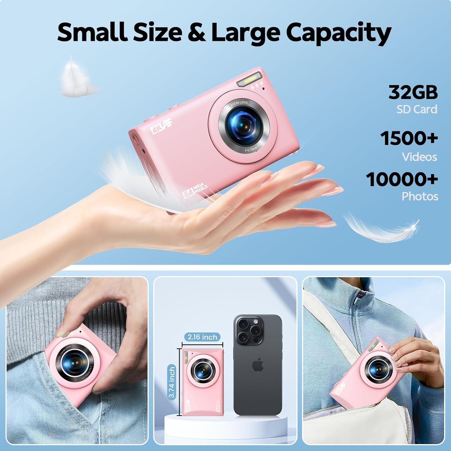 4K Digital Camera for Vlog 64MP Autofocus 32GB Card, Point and Shoot Digital Cameras with 18X Digital Zoom, 2 Batteries, Compact Travel Camera for Teens Boys Girls Kids Pink