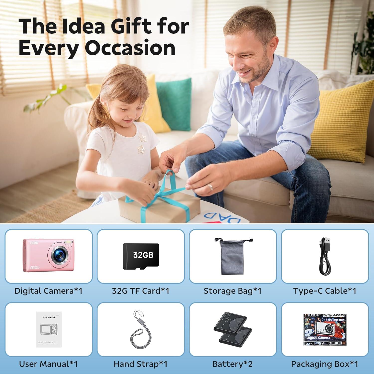 4K Digital Camera for Vlog 64MP Autofocus 32GB Card, Point and Shoot Digital Cameras with 18X Digital Zoom, 2 Batteries, Compact Travel Camera for Teens Boys Girls Kids Pink