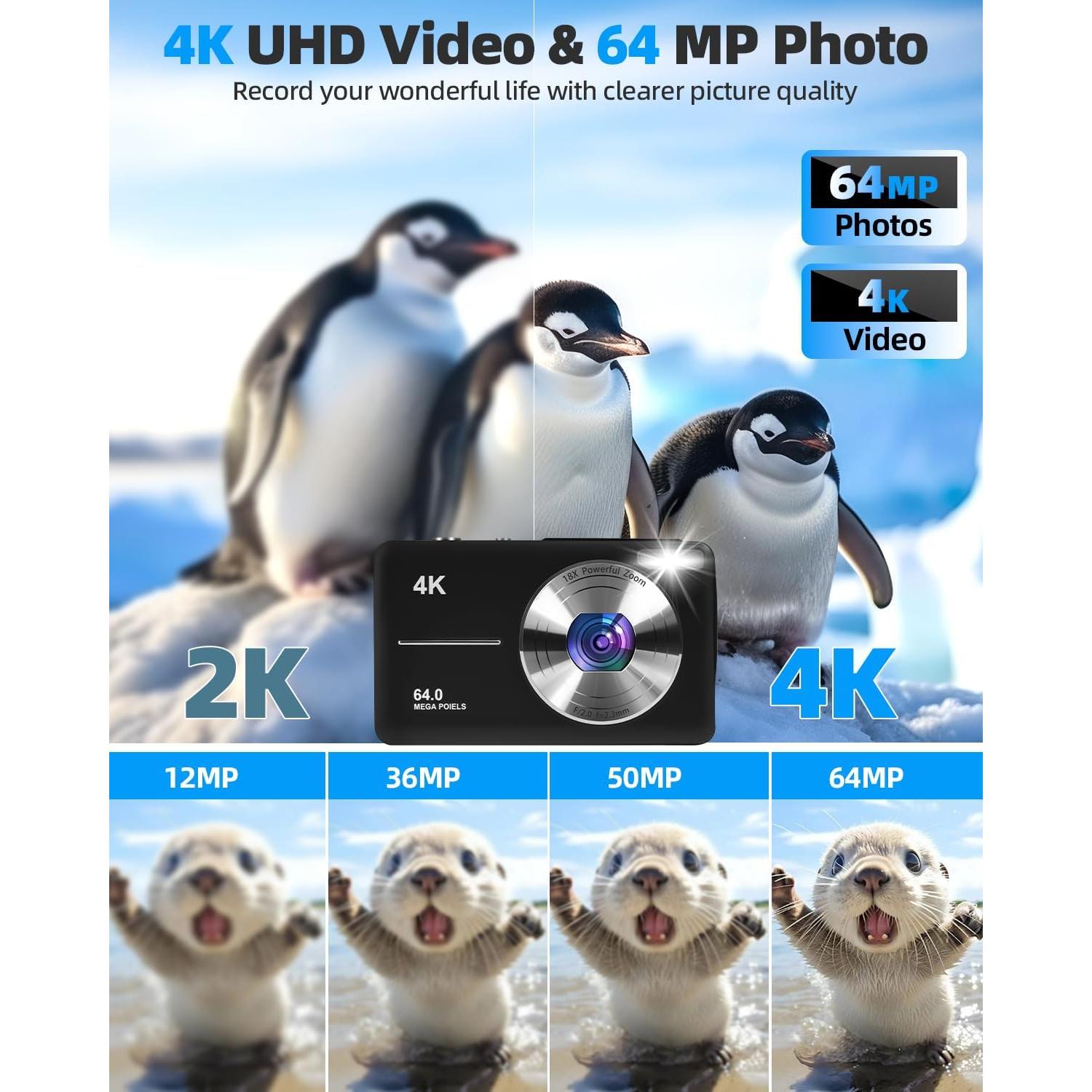 4K Digital Camera for Photography, Autofocus 64MP Vlogging Camera, 32GB TF Card, 2.8'' LED Screen, 18X Zoom, Anti-Shake, Portable YouTube Point and Shoot Digital Cameras for Kids Teens Adult Beginner