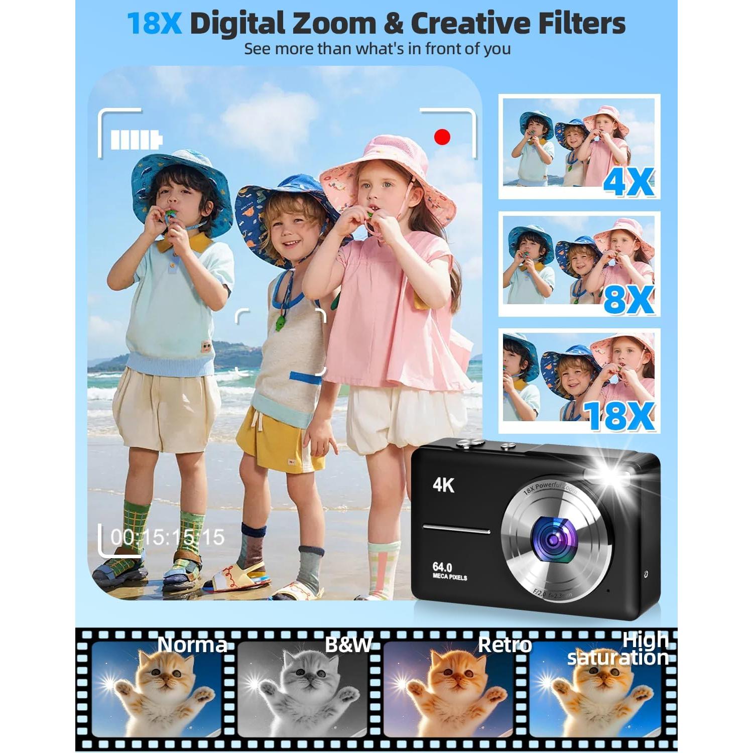 4K Digital Camera for Photography, Autofocus 64MP Vlogging Camera, 32GB TF Card, 2.8'' LED Screen, 18X Zoom, Anti-Shake, Portable YouTube Point and Shoot Digital Cameras for Kids Teens Adult Beginner