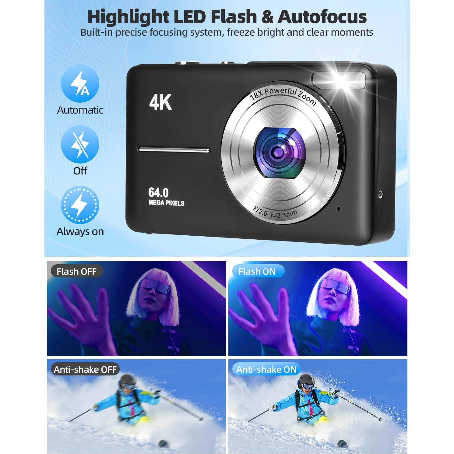 4K Digital Camera for Photography, Autofocus 64MP Vlogging Camera, 32GB TF Card, 2.8'' LED Screen, 18X Zoom, Anti-Shake, Portable YouTube Point and Shoot Digital Cameras for Kids Teens Adult Beginner