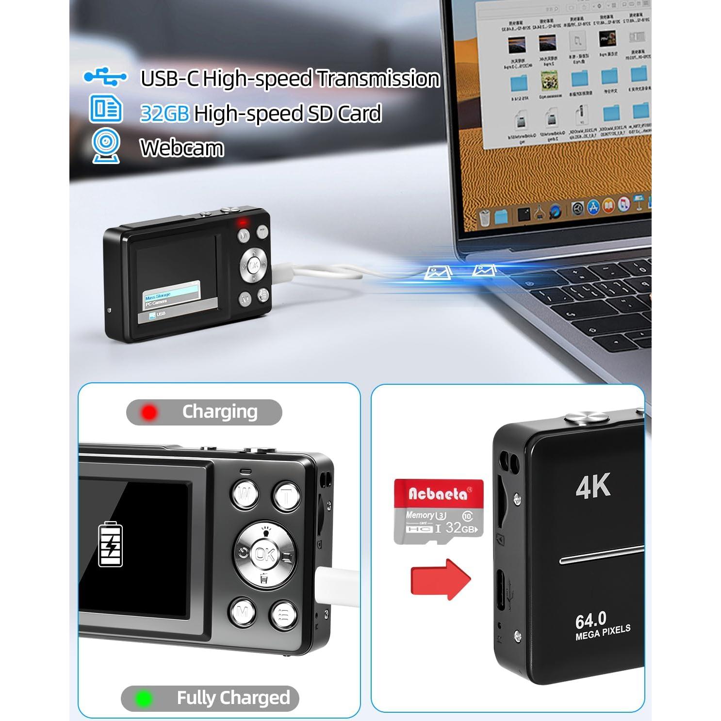 4K Digital Camera for Photography, Autofocus 64MP Vlogging Camera, 32GB TF Card, 2.8'' LED Screen, 18X Zoom, Anti-Shake, Portable YouTube Point and Shoot Digital Cameras for Kids Teens Adult Beginner