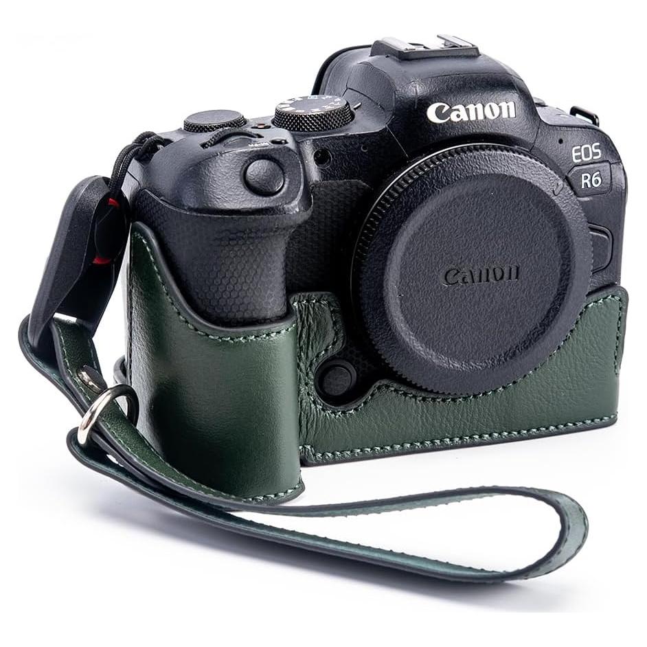 Funda de Cuero Real para Cámara Canon EOS R6/R6II Verde Vintage