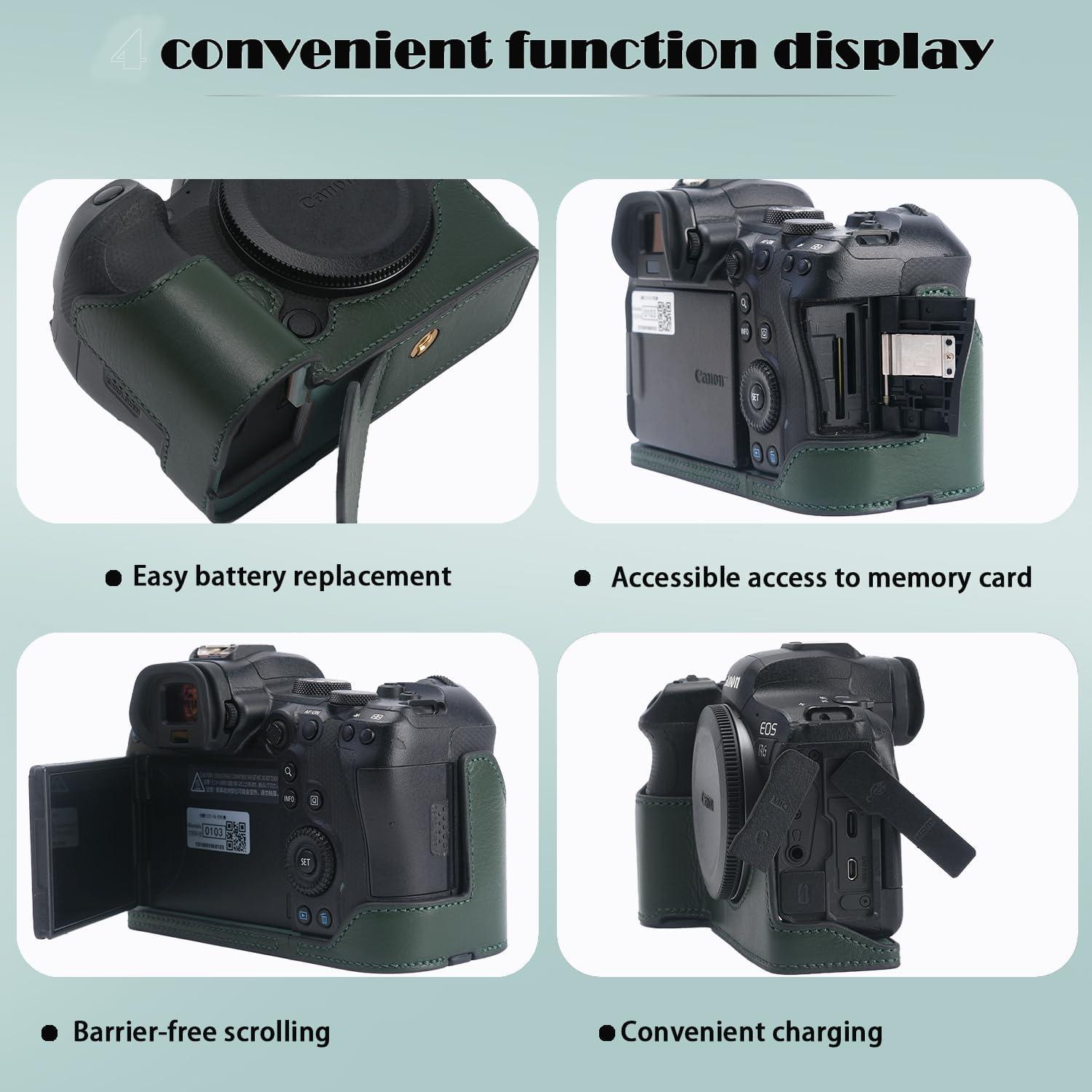 Funda de Cuero Real para Cámara Canon EOS R6/R6II Verde Vintage