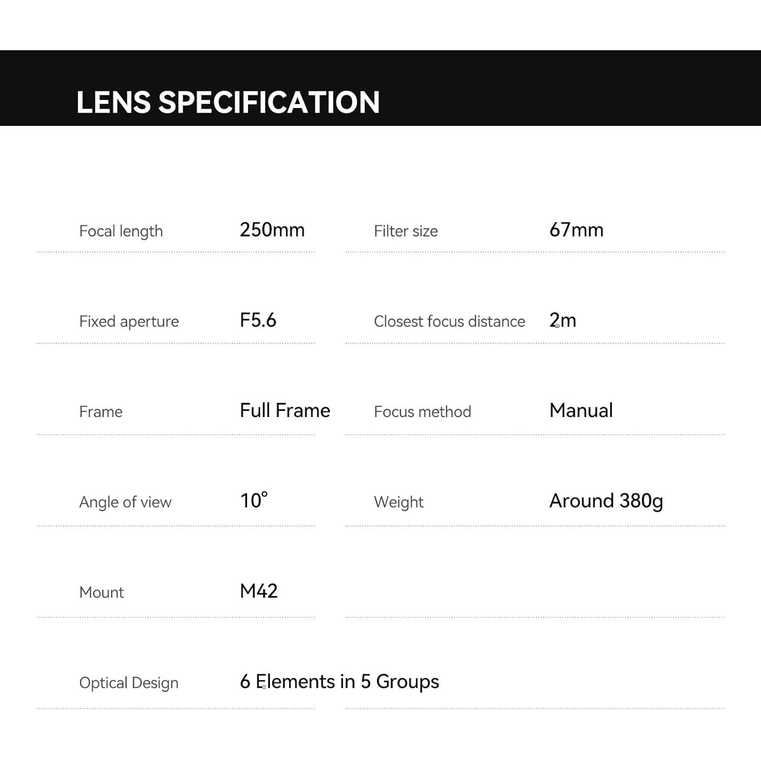 Lente Teleobjetivo TTArtisan 250mm f5.6 M42 Enfoque Manual