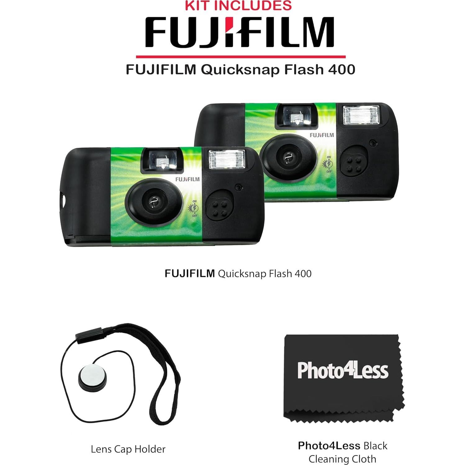 Fujifilm QuickSnap Flash 400 Disposable 35mm Camera (Pack of 2) Bundle with Hand Strap and Lens Cleaning Cloth