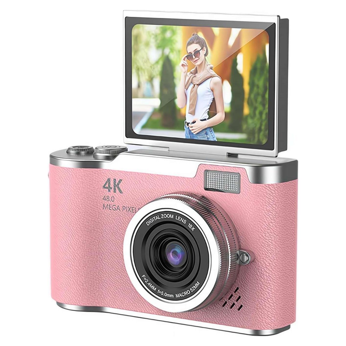 4K Digital Camera for Photo, Portable Retro Camera with Flip Screen, Compact Retro Camera for Outdoor (Pink 1 Set)