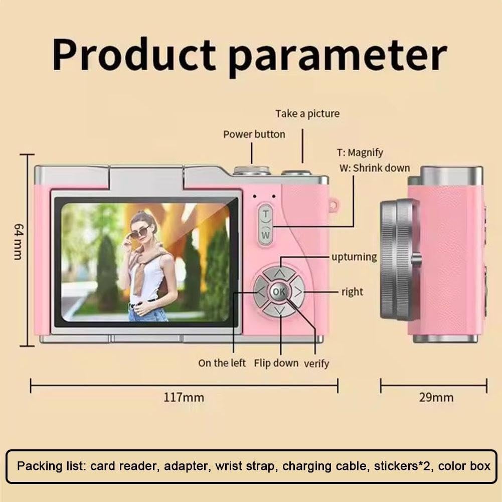 4K Digital Camera for Photo, Portable Retro Camera with Flip Screen, Compact Retro Camera for Outdoor (Pink 1 Set)