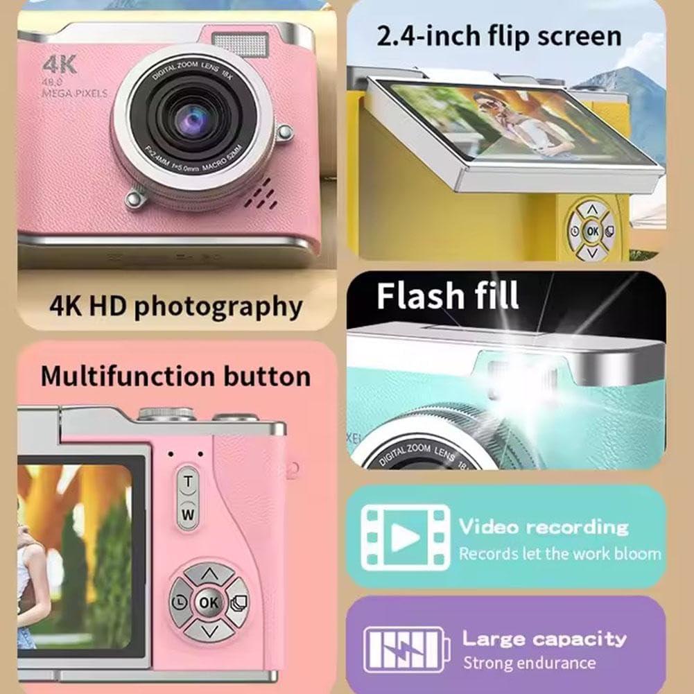 4K Digital Camera for Photo, Portable Retro Camera with Flip Screen, Compact Retro Camera for Outdoor (Pink 1 Set)