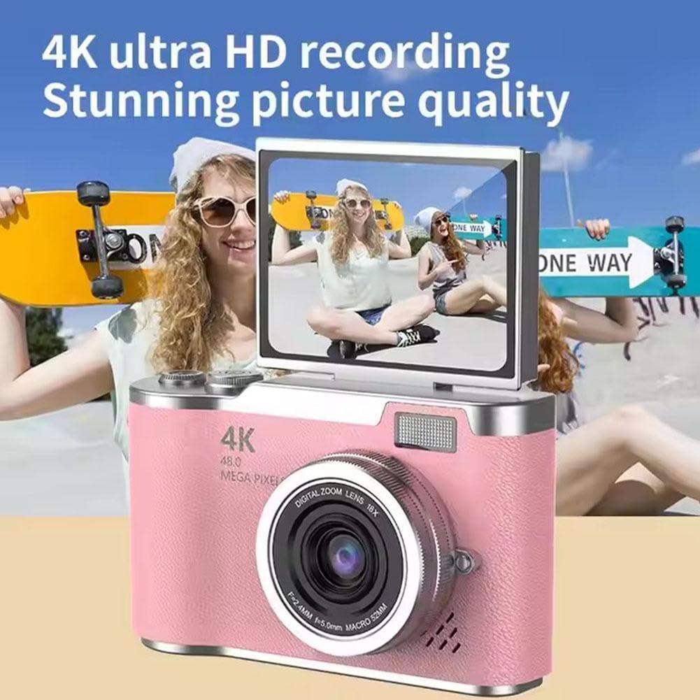 4K Digital Camera for Photo, Portable Retro Camera with Flip Screen, Compact Retro Camera for Outdoor (Pink 1 Set)