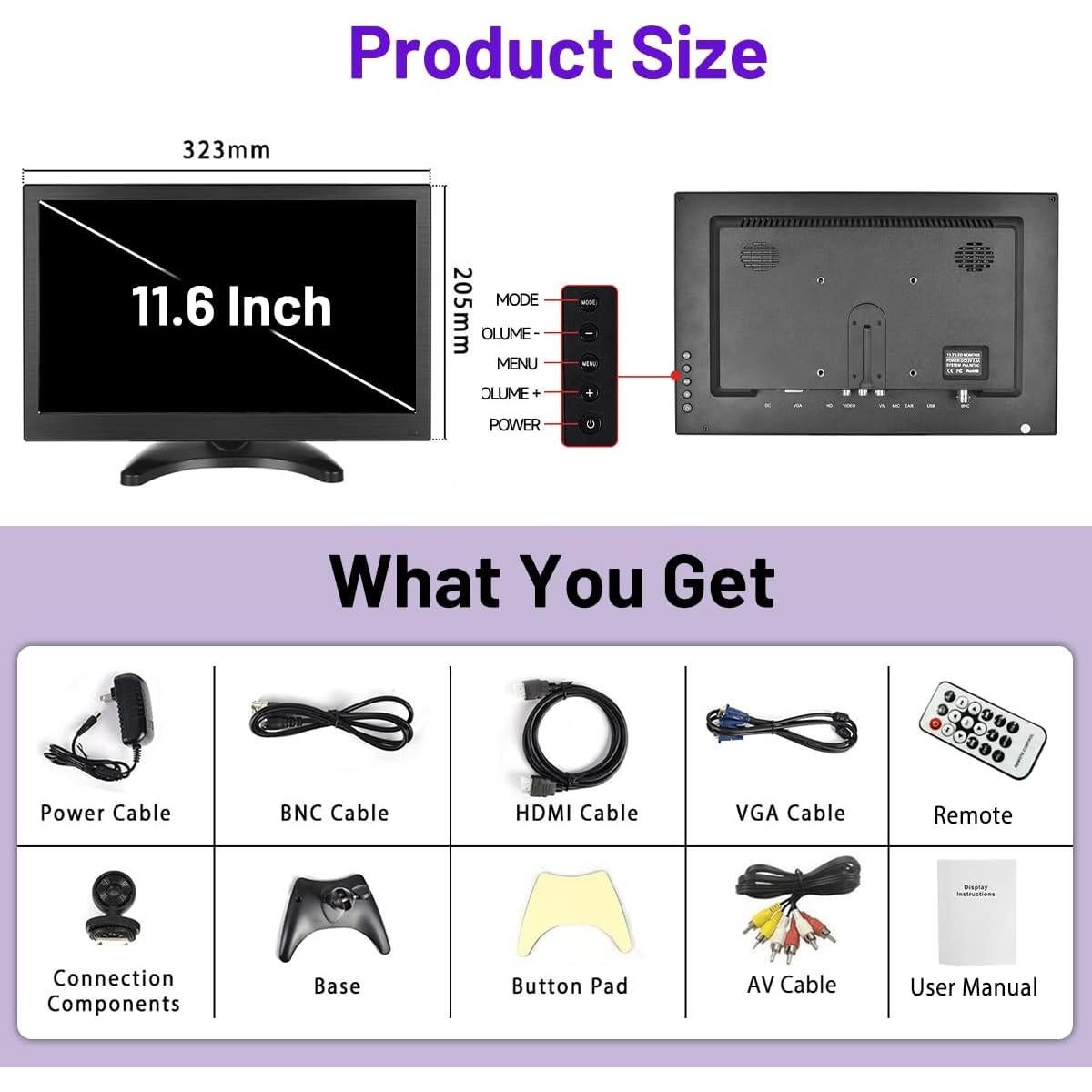 Monitor Portátil Hikity 11.6" Full HD 1920x1080 HDMI VGA BNC