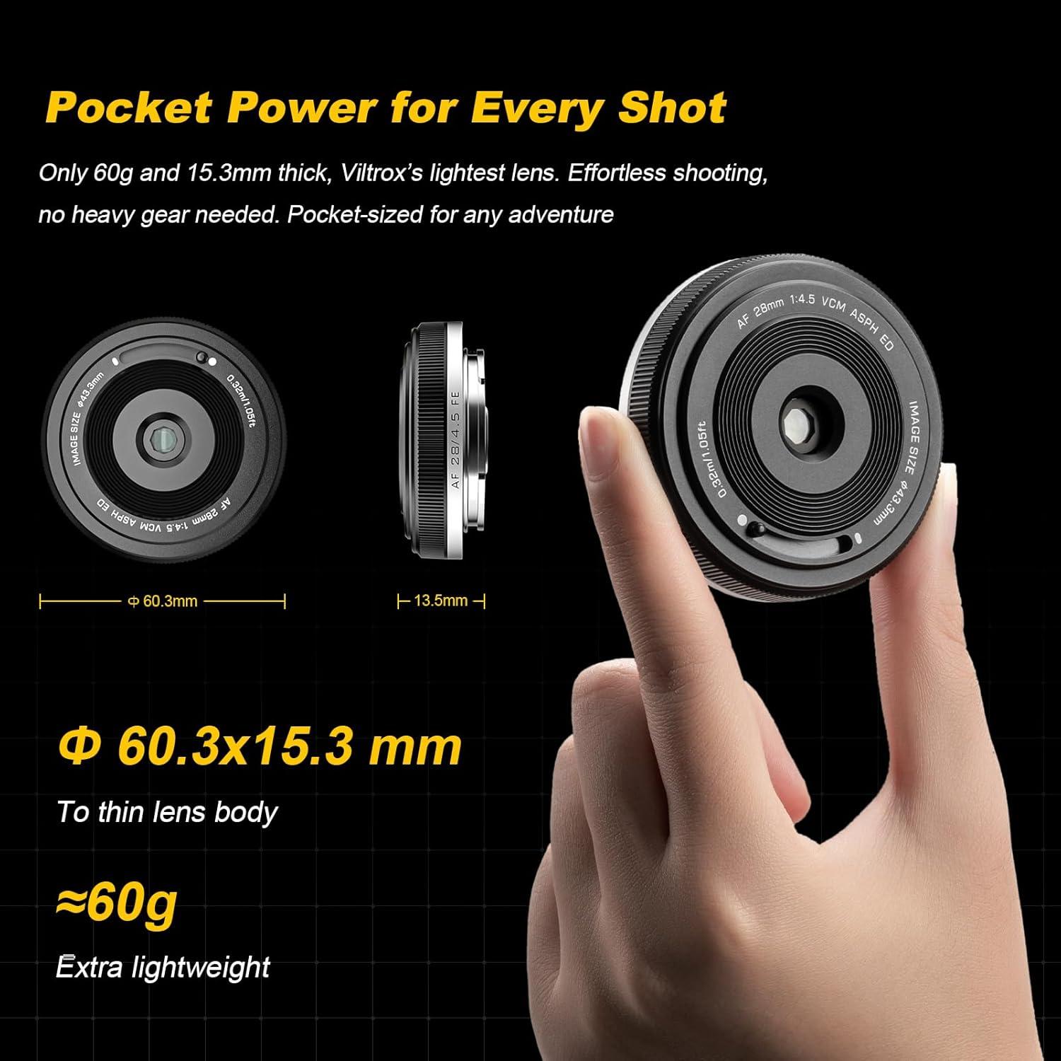 Lente Pancake Viltrox AF 28mm f4.5 FE para Cámaras Sony E - Ultra Delgado, Ligero, Negro