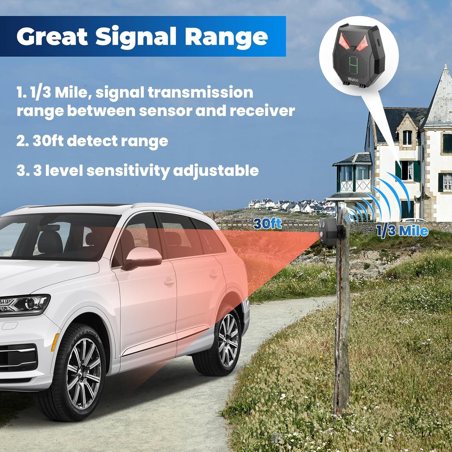 Solar Driveway Alarm Wireless Outside Weatherproof 1/3 Mile Long Range, Outdoor Motion Sensor Detector Alarm Driveway Alert System with Rechargeable Battery/Expandable (4 Sensors &1 Receiver Set)