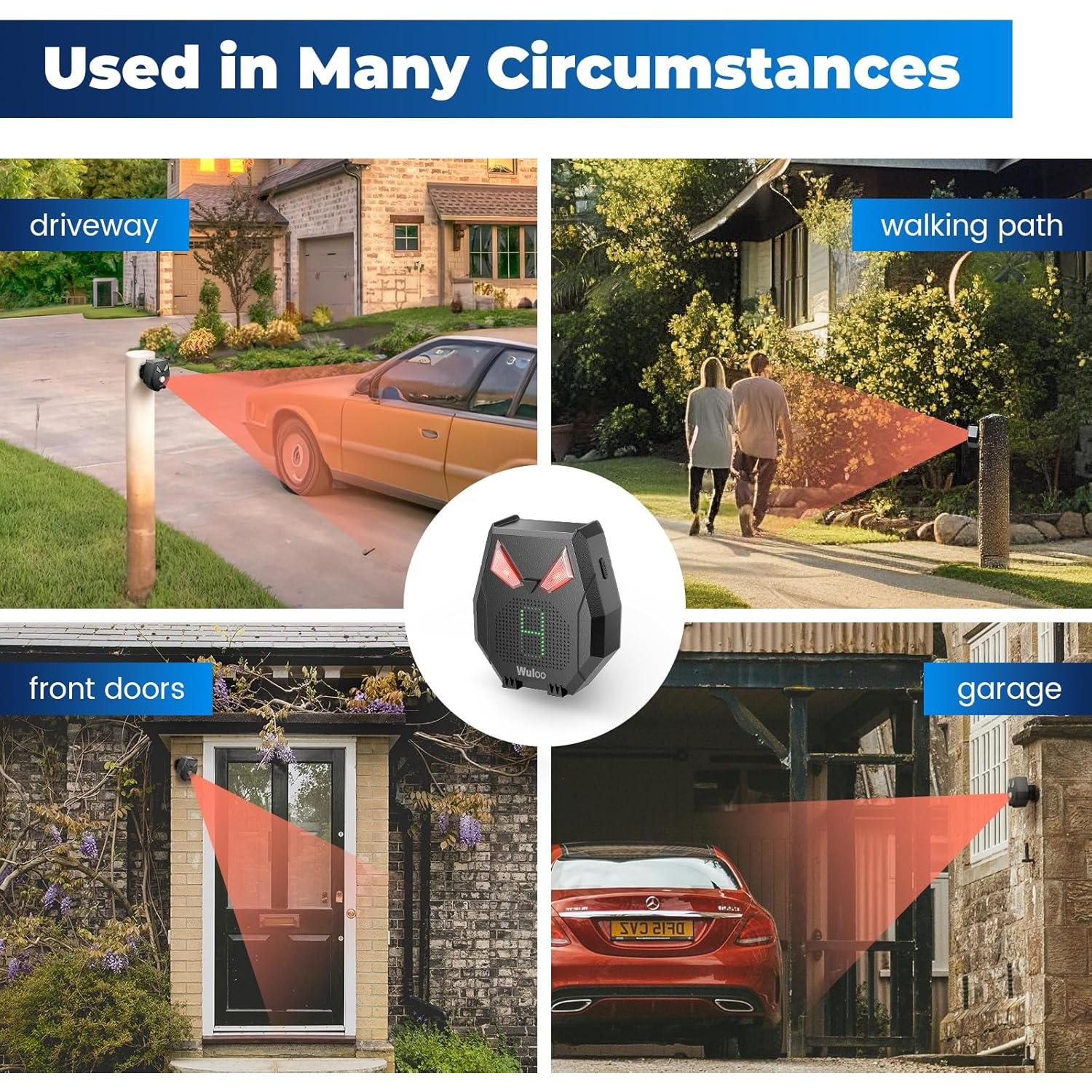 Solar Driveway Alarm Wireless Outside Weatherproof 1/3 Mile Long Range, Outdoor Motion Sensor Detector Alarm Driveway Alert System with Rechargeable Battery/Expandable (4 Sensors &1 Receiver Set)