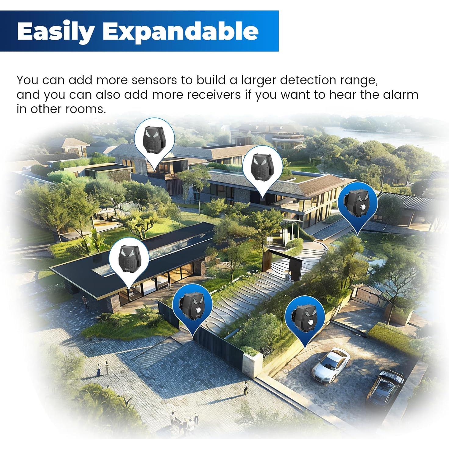 Solar Driveway Alarm Wireless Outside Weatherproof 1/3 Mile Long Range, Outdoor Motion Sensor Detector Alarm Driveway Alert System with Rechargeable Battery/Expandable (4 Sensors &1 Receiver Set)