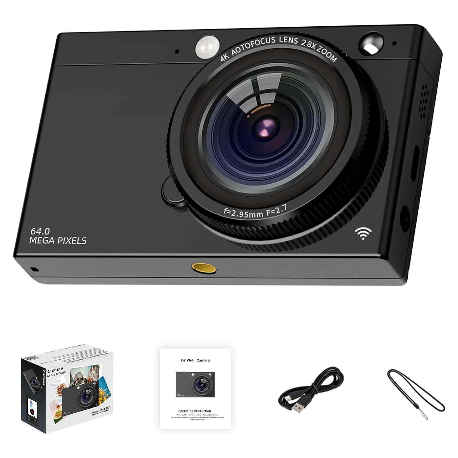 4K Digital Camera for Photography, 64MP Autofocus Vlogging Camera with Beauty Retro Filter, 28X Digital Zoom, 2.83 Inch Screen, Compact Travel Video Camera, 3600mAh Battery