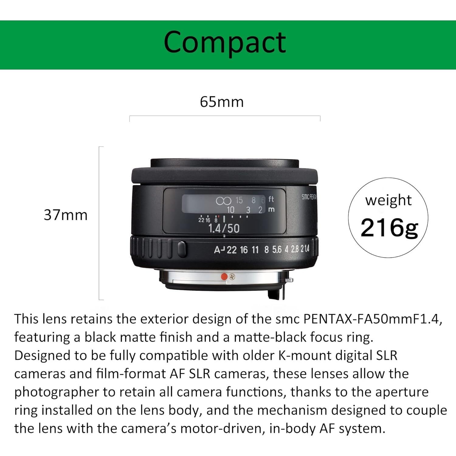 Lente Pentax smc FA 50mm F1.4 para DSLR K, Filtro ND