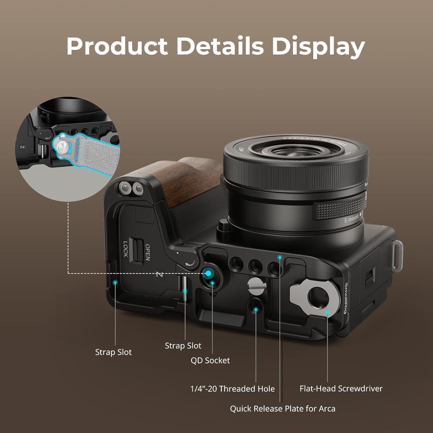 SmallRig ZV-E10 II L-Shape Plate with Wooden Handle, Handgrip for Sony ZV-E10 II, Built-in Quick Release Plate for Arca, 1/4"-20 Holes - 4864