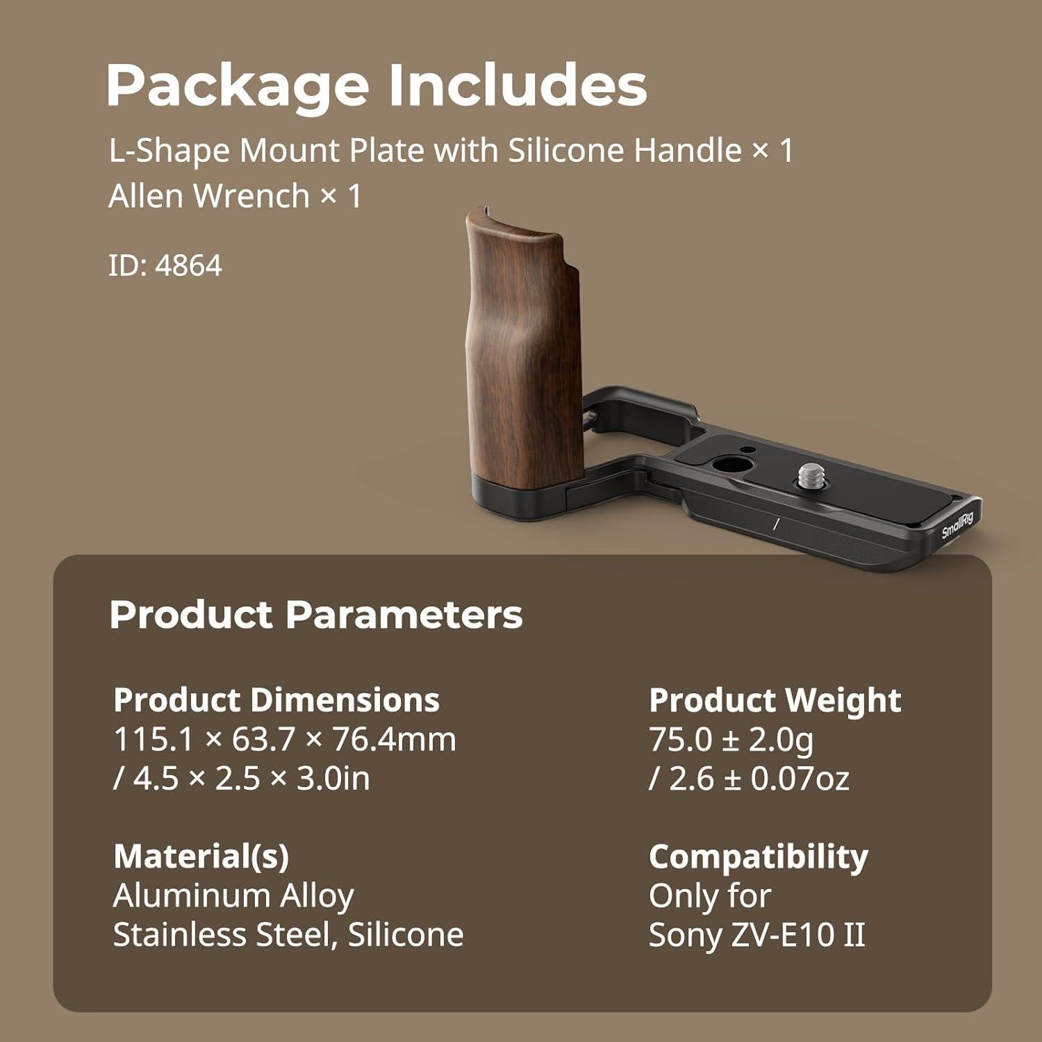 SmallRig ZV-E10 II L-Shape Plate with Wooden Handle, Handgrip for Sony ZV-E10 II, Built-in Quick Release Plate for Arca, 1/4"-20 Holes - 4864