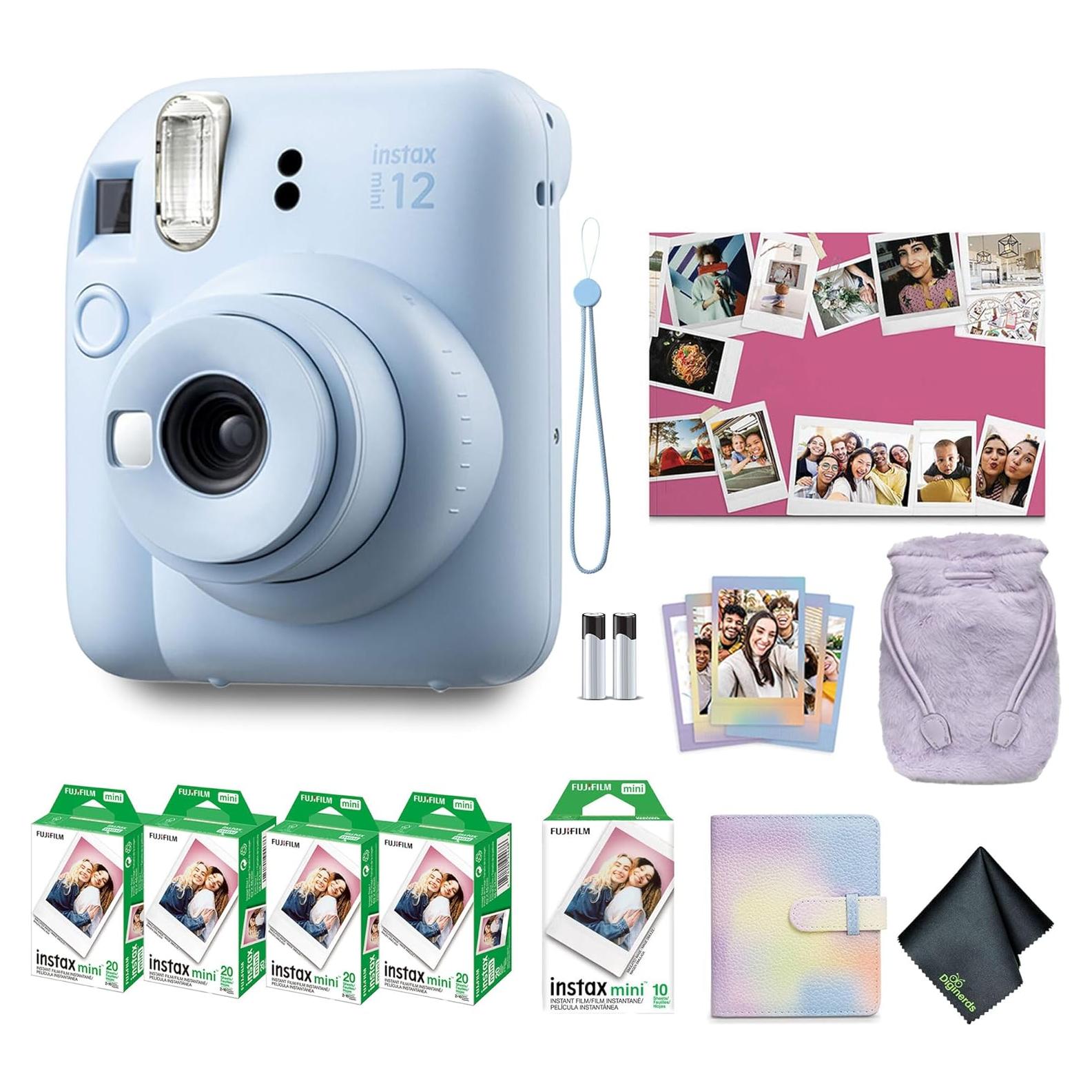 Instax Mini 12 Instant Camera Pastel Blue Holiday Bundle 2024 with Fuji Instax Mini Film Value Pack (80 Sheets) + Microfiber Cleaning Cloth