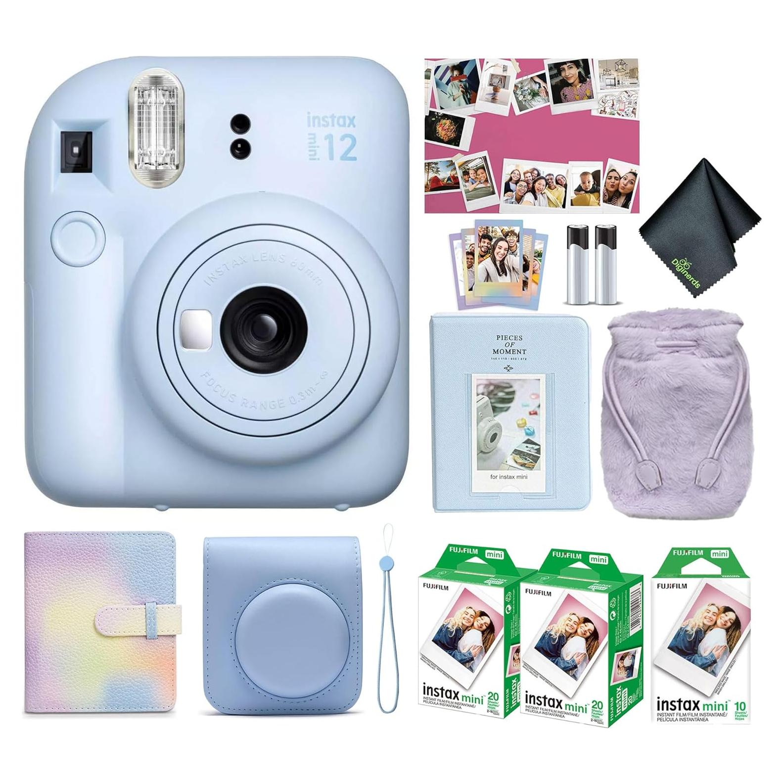 Instax Mini 12 Instant Camera Pastel Blue Holiday Bundle 2024 with Fuji Instax Mini Film Value Pack (40 Sheets) + Microfiber Cleaning Cloth