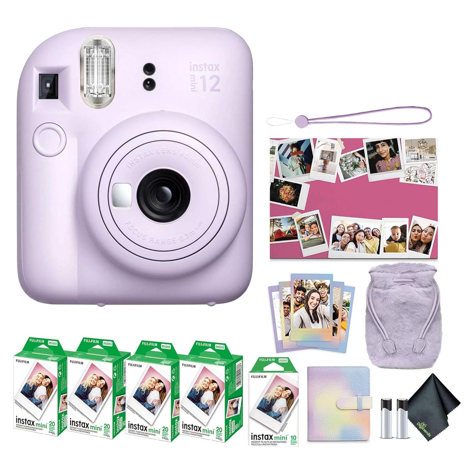 Instax Mini 12 Instant Camera Lilac Purple Holiday Bundle 2024 with Fuji Instax Mini Film Value Pack (80 Sheets) + Microfiber Cleaning Cloth