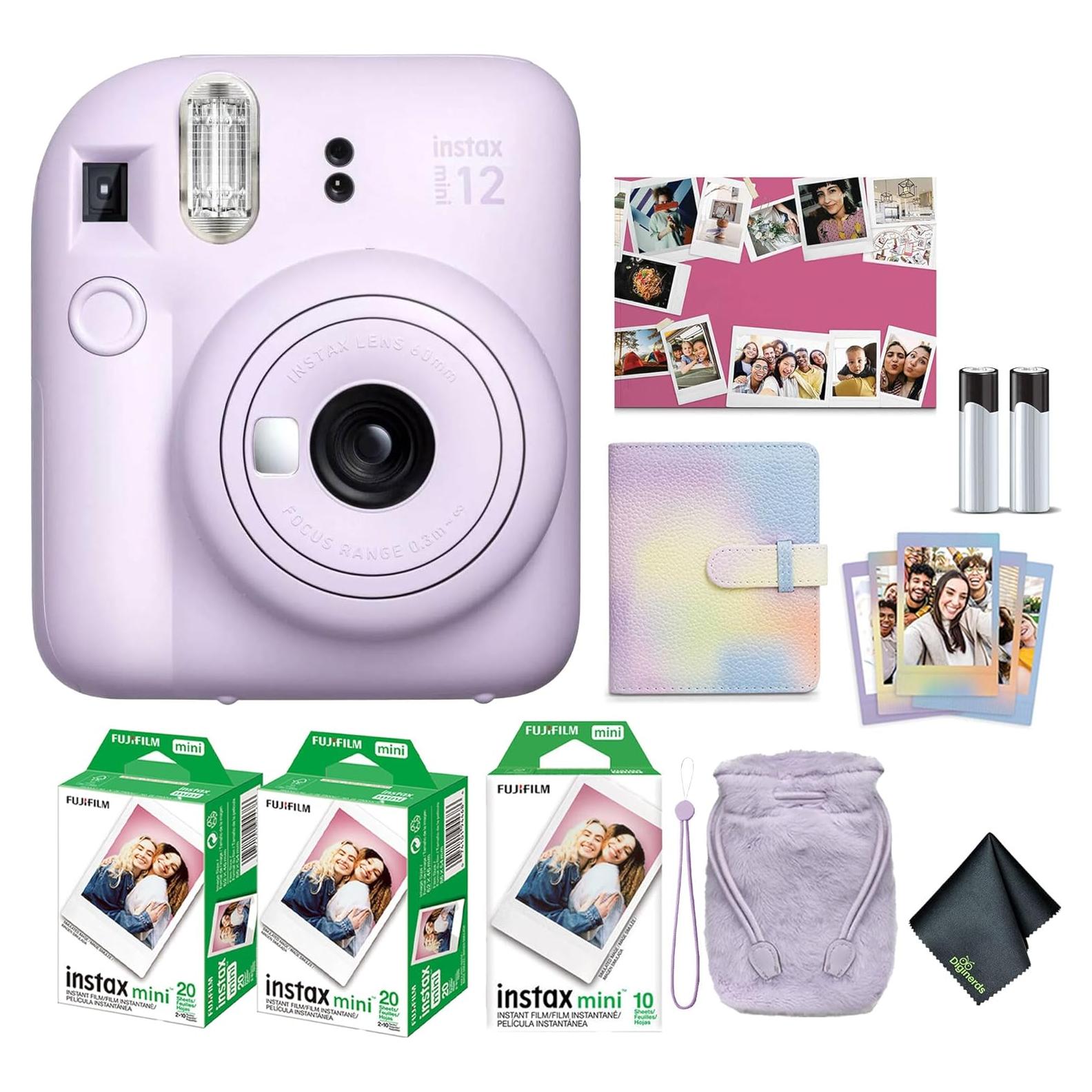 Instax Mini 12 Instant Camera Lilac Purple Holiday Bundle 2024 with Fuji Instax Mini Film Value Pack (40 Sheets) + Microfiber Cleaning Cloth