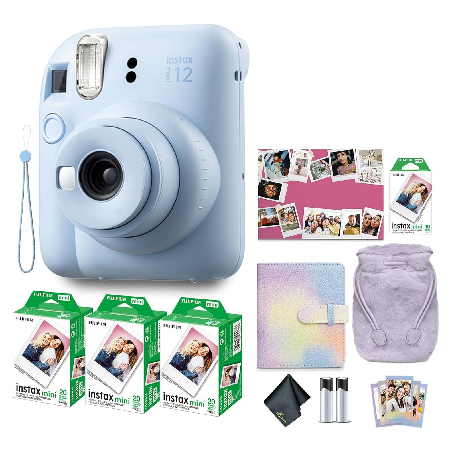 Instax Mini 12 Instant Camera Pastel Blue Holiday Bundle 2024 with Fuji Instax Mini Film Value Pack (60 Sheets) + Microfiber Cleaning Cloth