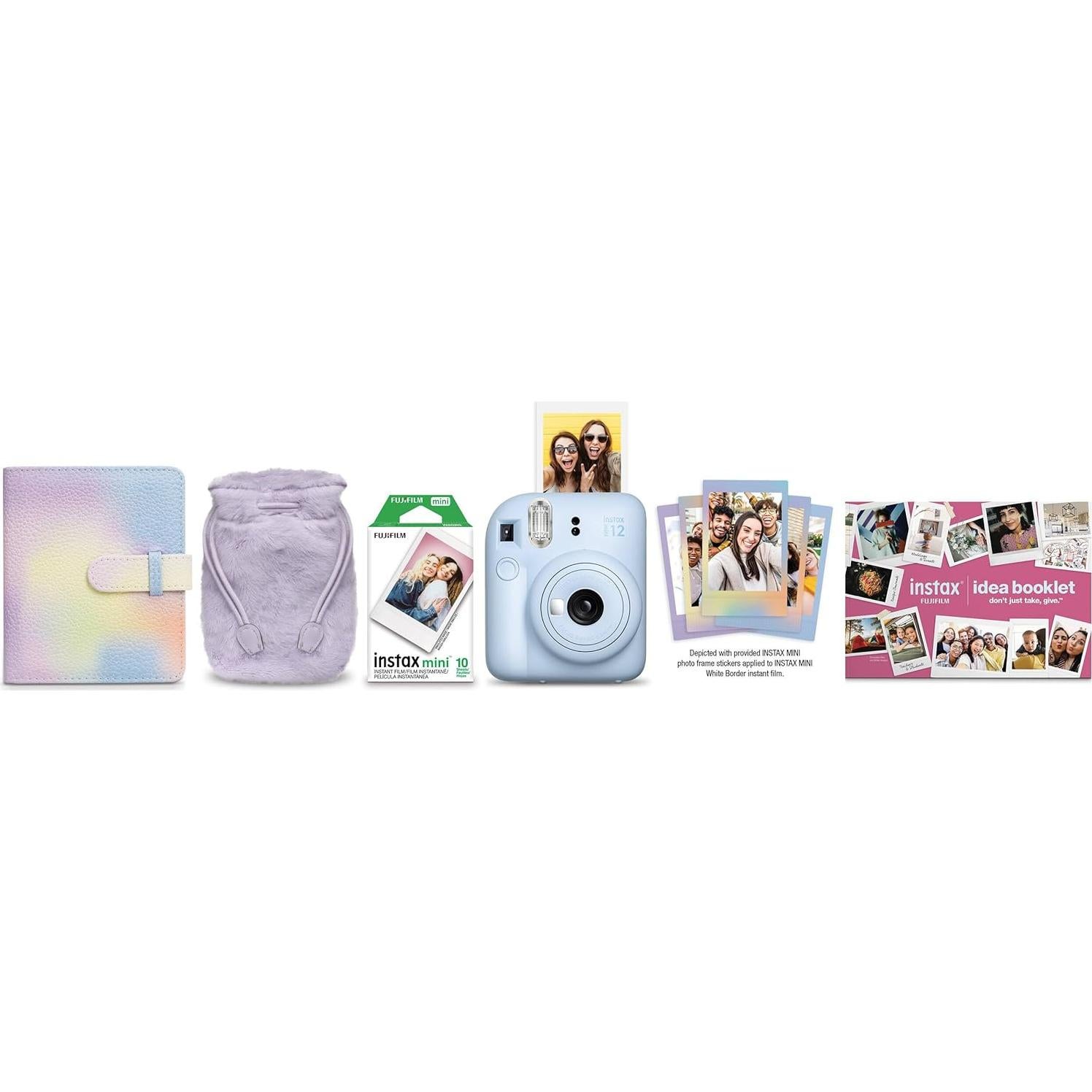 Instax Mini 12 Instant Camera Pastel Blue Holiday Bundle 2024 with Fuji Instax Mini Film Value Pack (60 Sheets) + Microfiber Cleaning Cloth