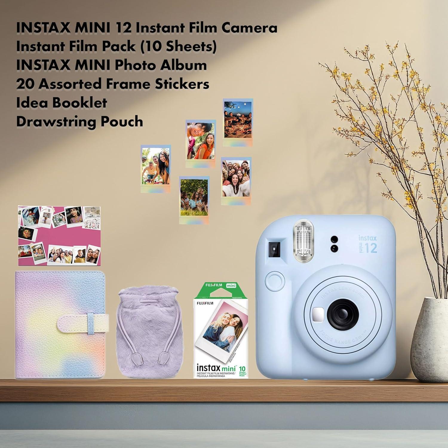Instax Mini 12 Instant Camera Pastel Blue Holiday Bundle 2024 with Fuji Instax Mini Film Value Pack (60 Sheets) + Microfiber Cleaning Cloth