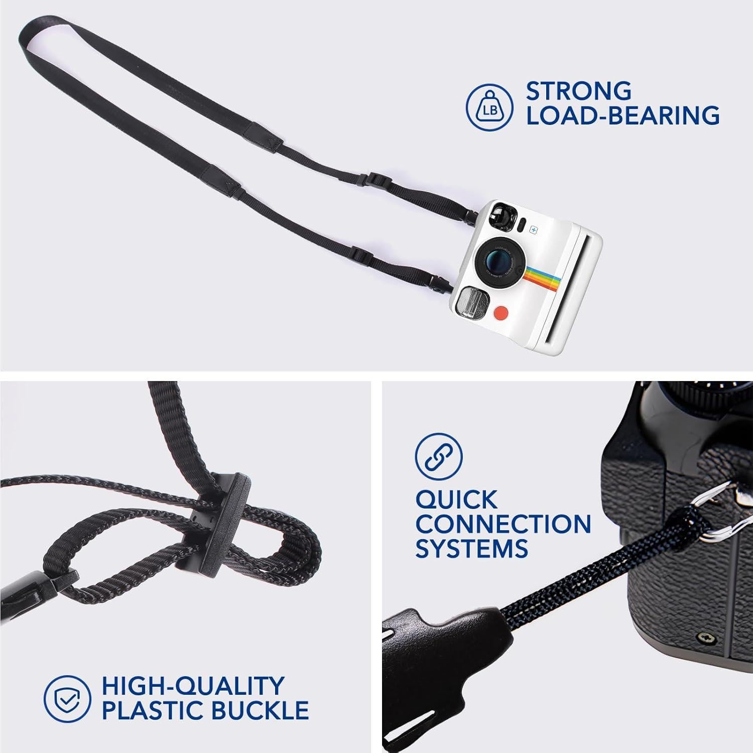 Correa de cámara Polaroid negra ligera con hebillas ajustables