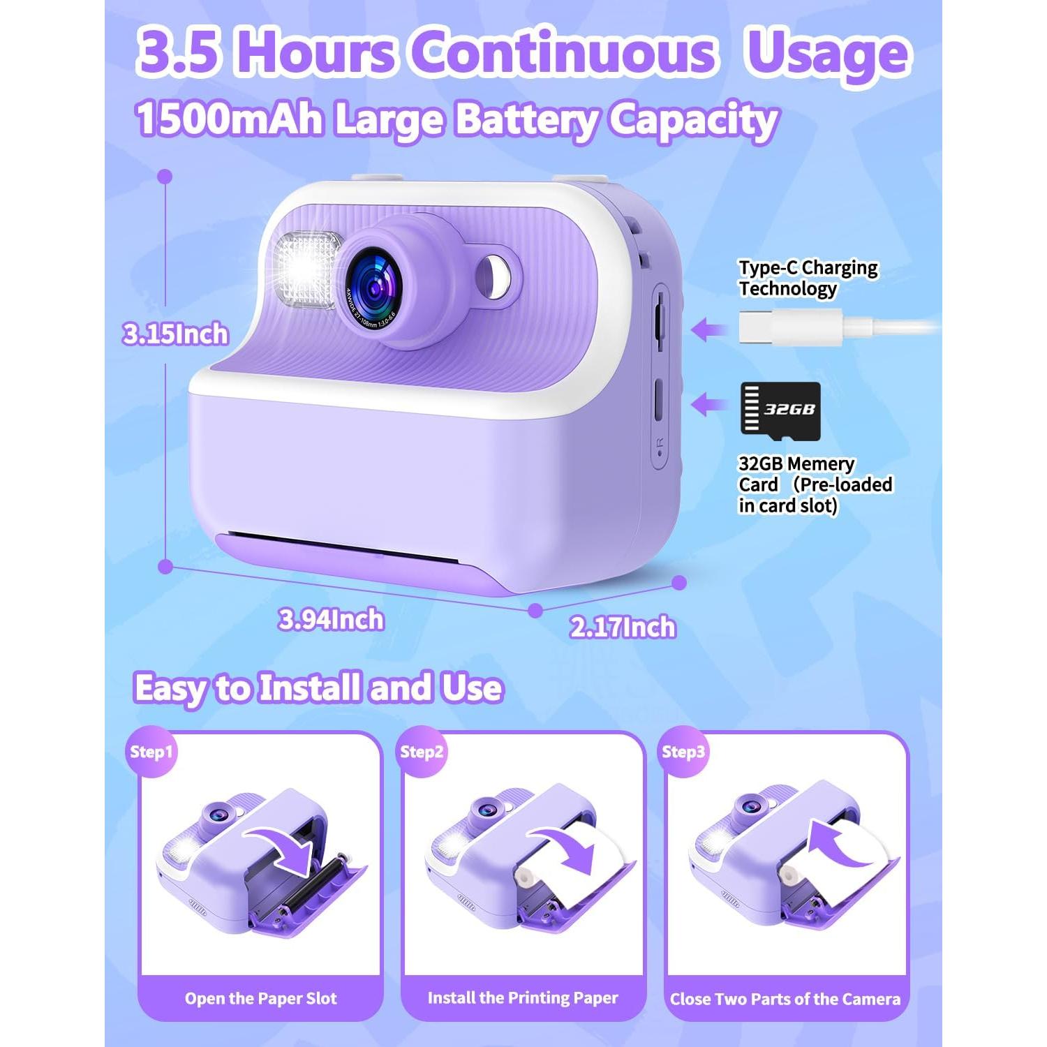 Cámara Instantánea TKECWOB M8 para Niños 12MP 1080P Púrpura