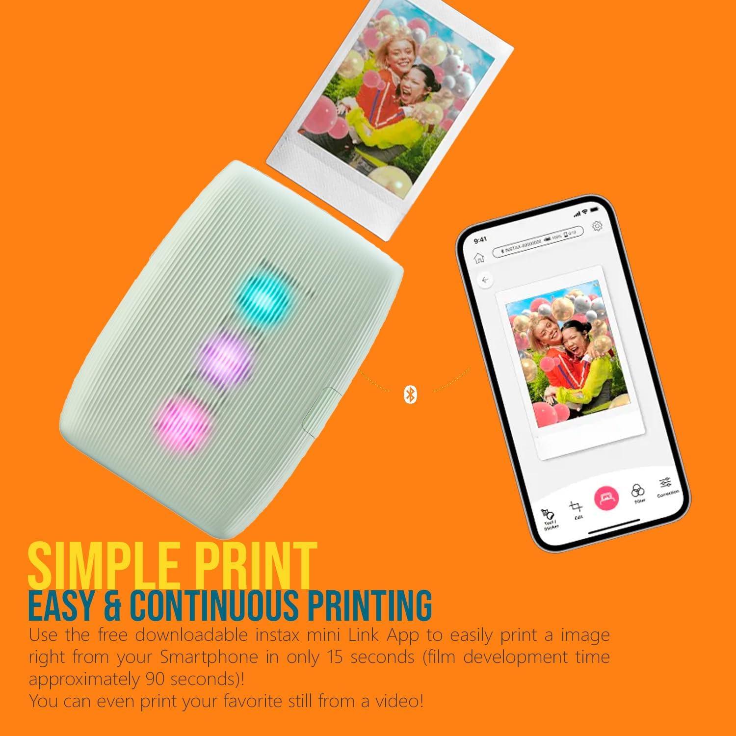Instax Mini Link 3 Compact Smartphone Printer with Instax AiR Studio App (Sage Green) Bundle with Focus Camera Polaroid Film Kit and Fujifilm Instax Mini Twin Film Pack (3 Items)