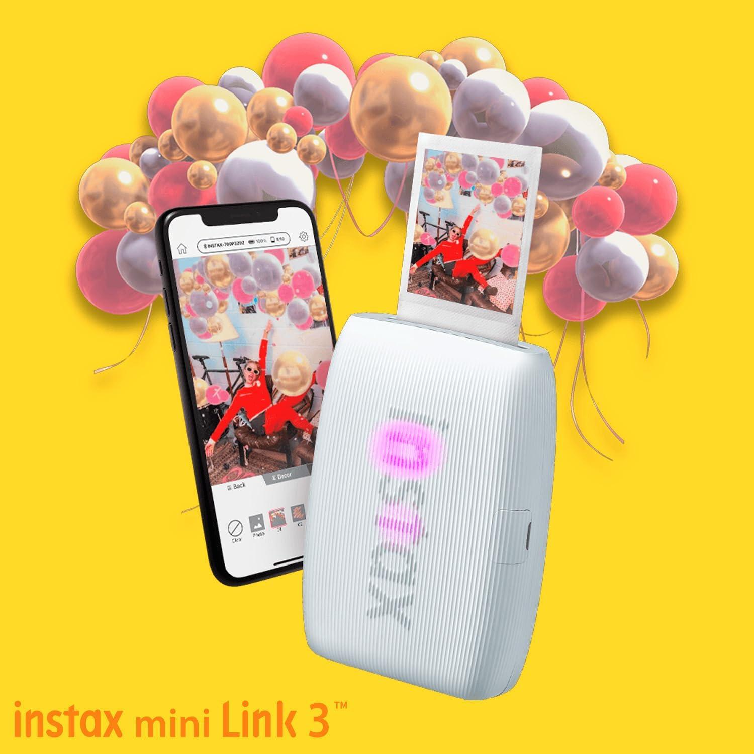 Instax Mini Link 3 Compact Smartphone Printer with Instax AiR Studio App (Clay White) Bundle with Focus Camera Polaroid Film Kit and Fujifilm Instax Mini Twin Film Pack (2-Pack) (4 Items)