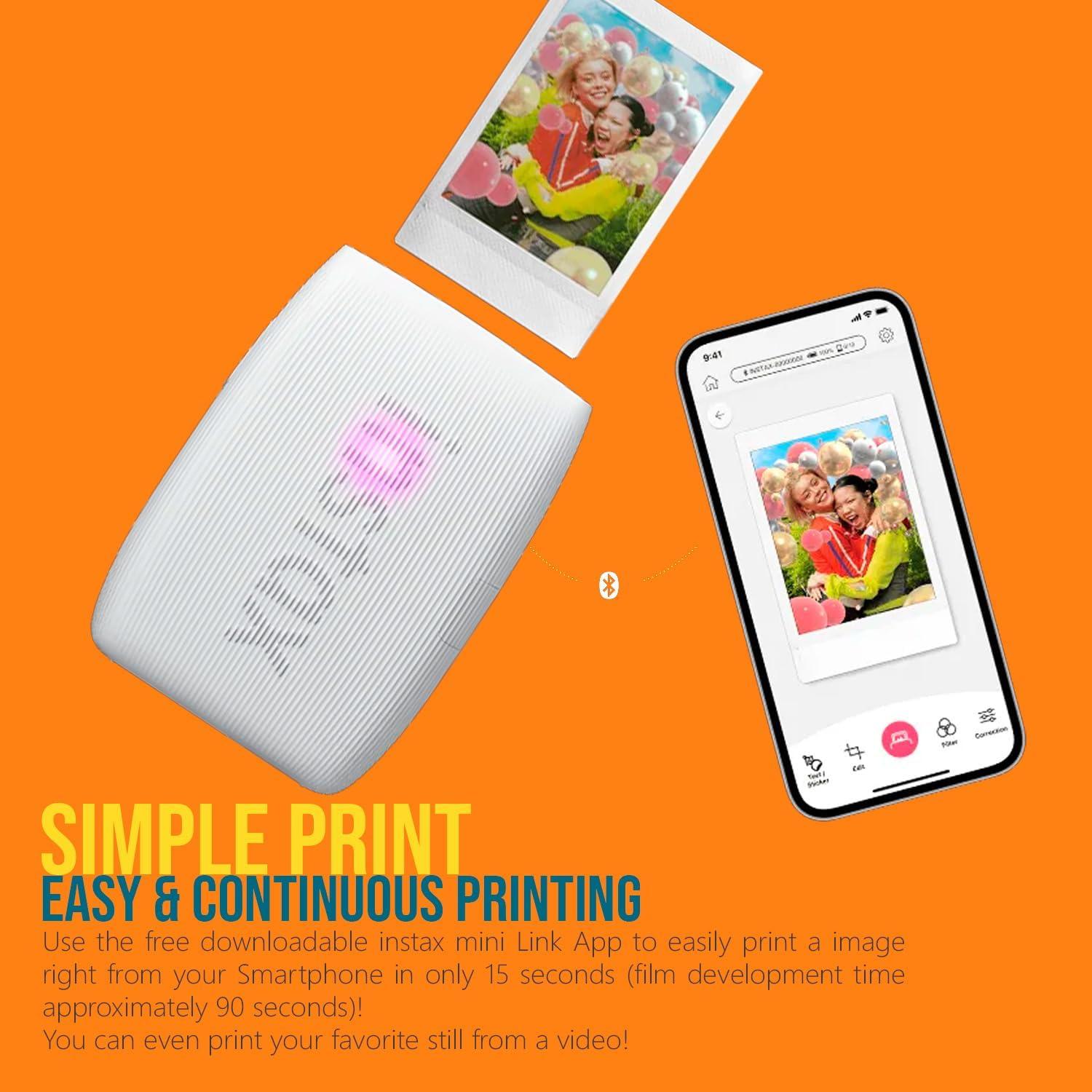 Instax Mini Link 3 Compact Smartphone Printer with Instax AiR Studio App (Clay White) Bundle with Focus Camera Polaroid Film Kit and Fujifilm Instax Mini Twin Film Pack (2-Pack) (4 Items)