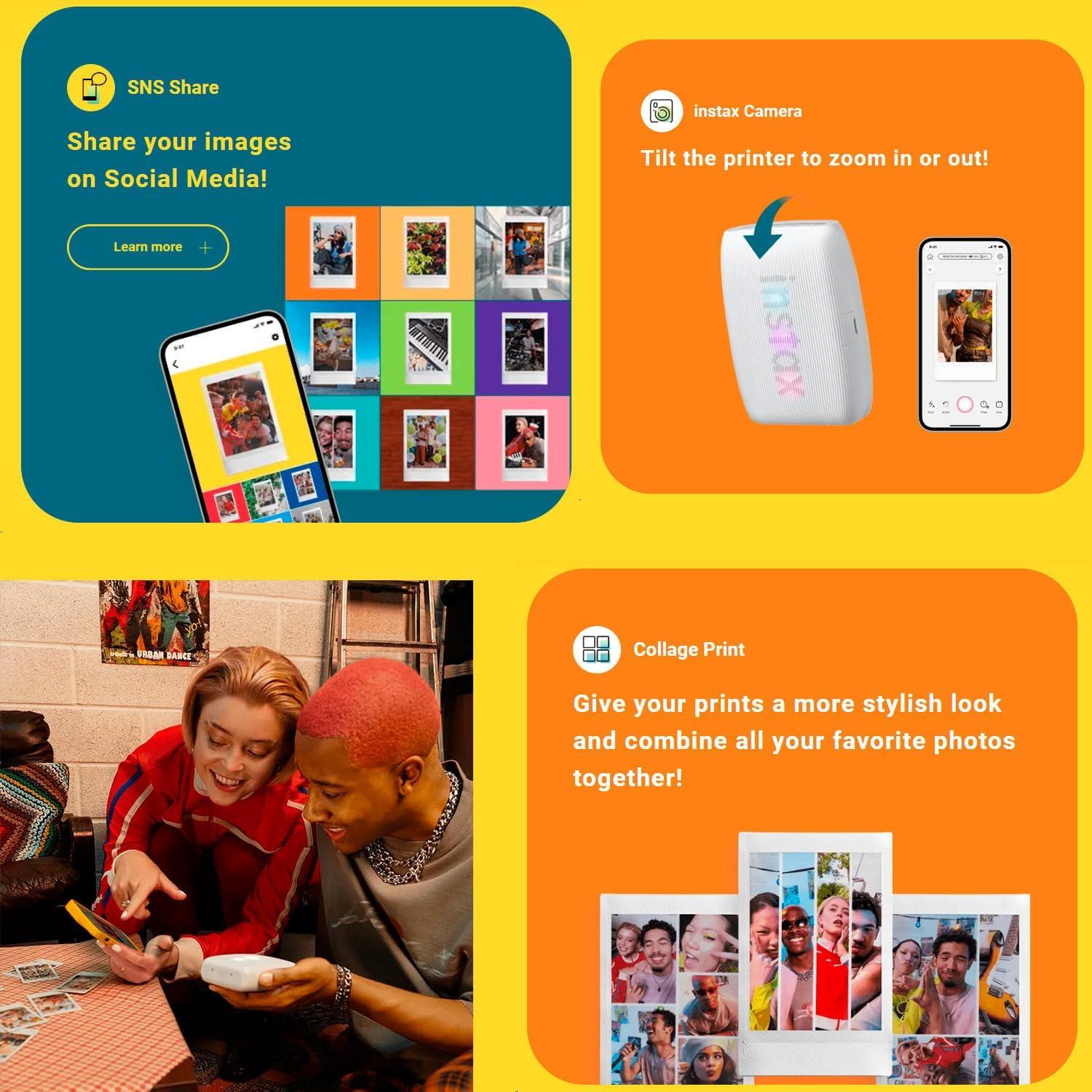 Instax Mini Link 3 Compact Smartphone Printer with Instax AiR Studio App (Clay White) Bundle with Focus Camera Polaroid Film Kit and Fujifilm Instax Mini Twin Film Pack (2-Pack) (4 Items)