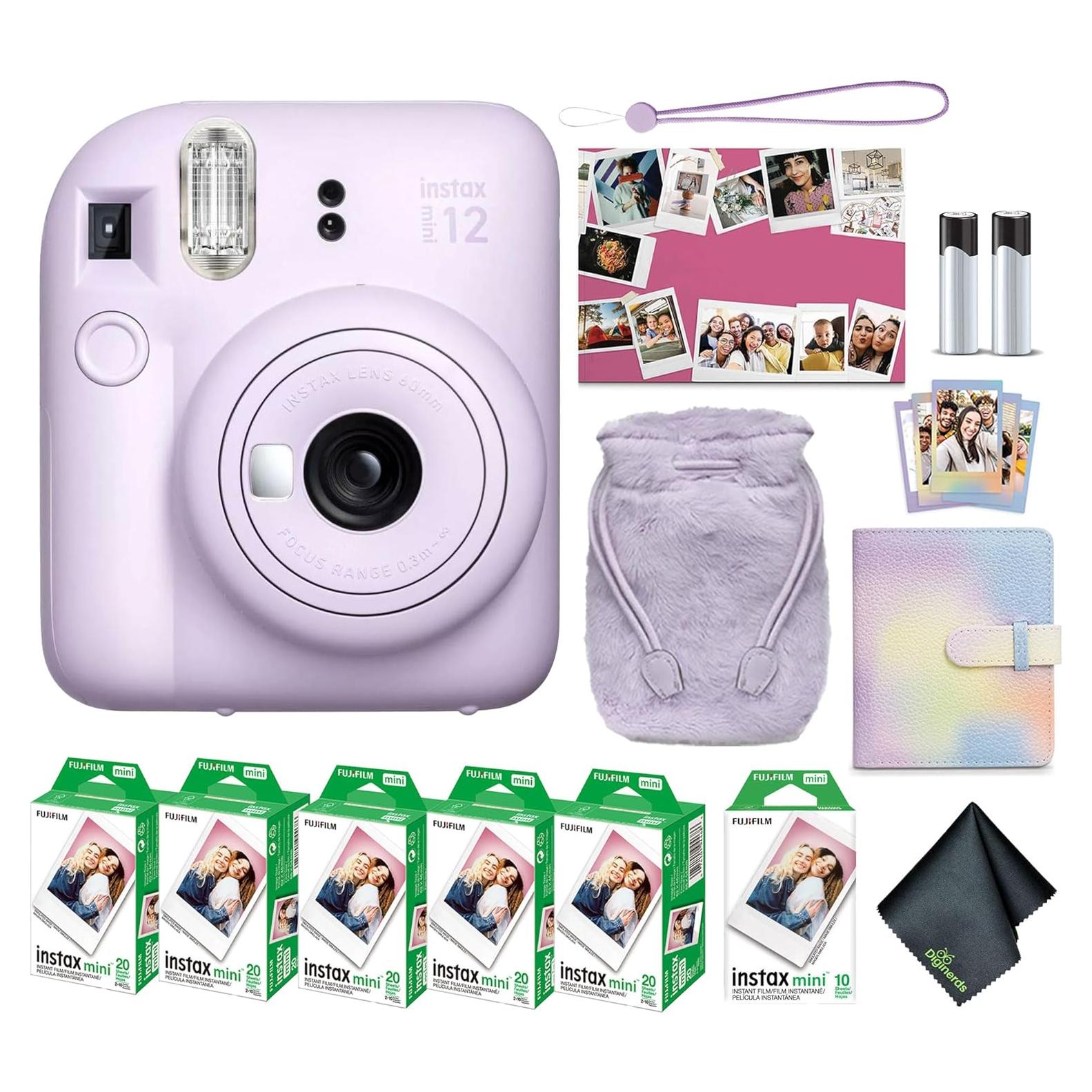 Instax Mini 12 Instant Camera Lilac Purple Holiday Bundle 2024 with Fuji Instax Mini Film Value Pack (100 Sheets) + Microfiber Cleaning Cloth