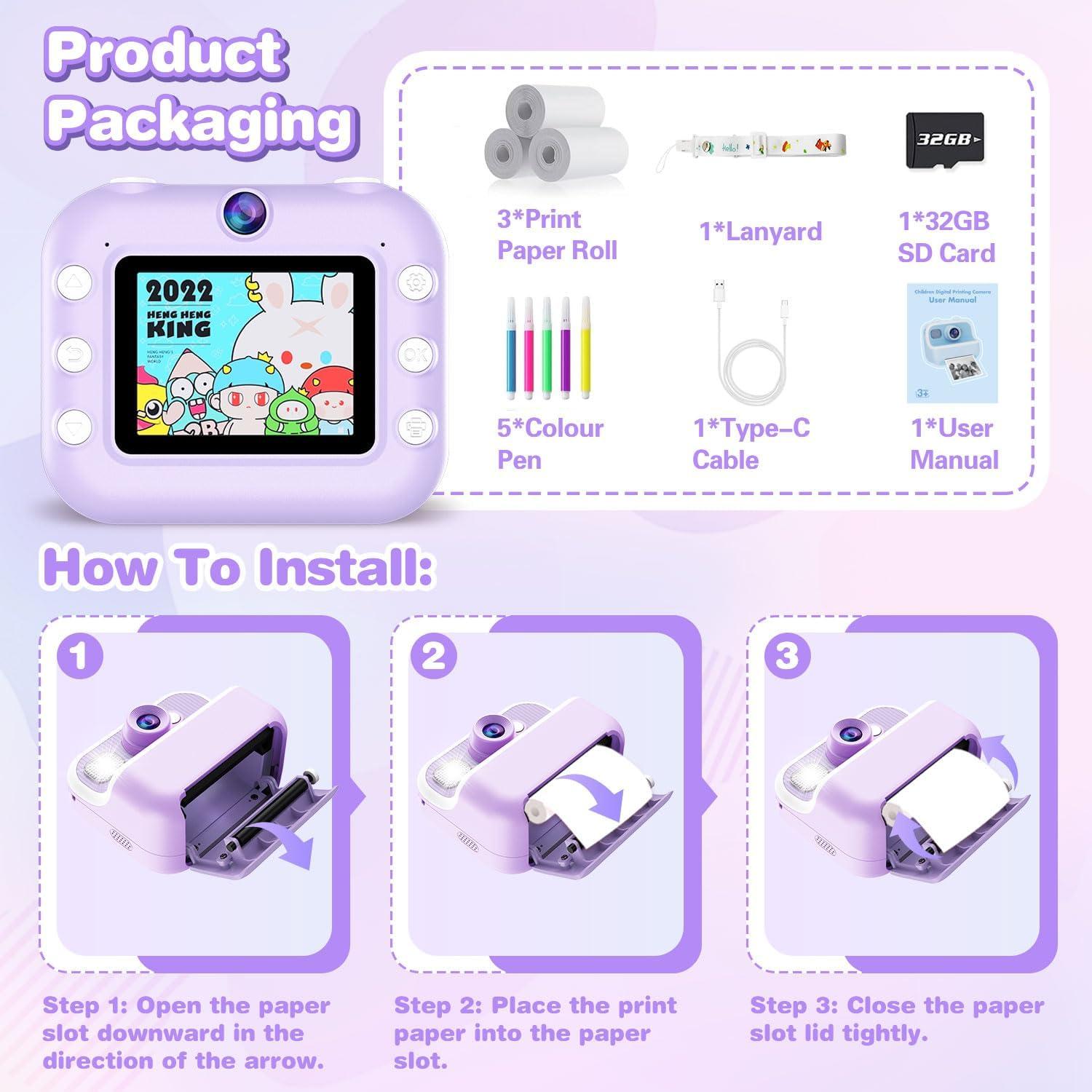 Cámara Instantánea para Niños Vakzovy 12MP 1080P Púrpura