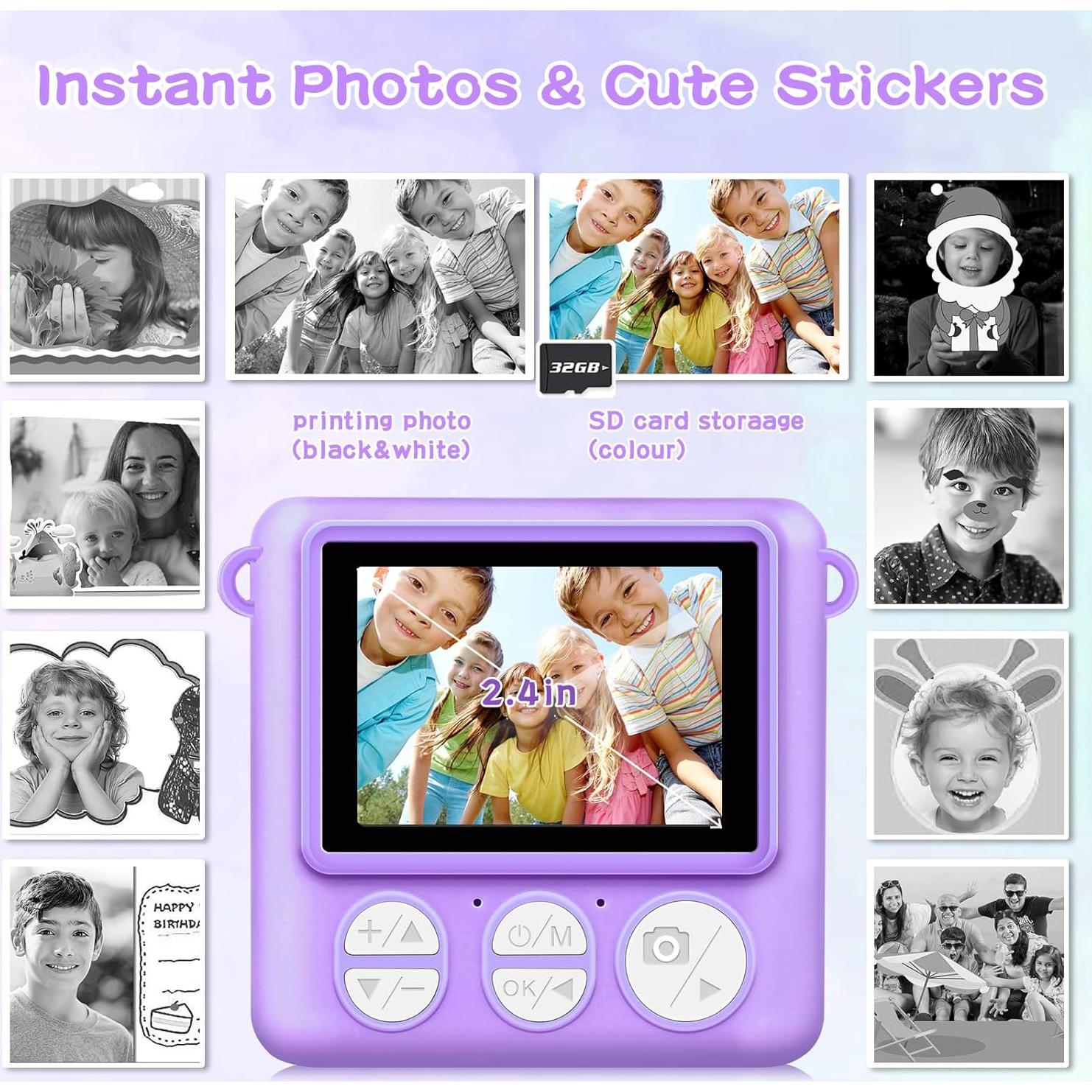 Cámara Digital Instantánea para Niños ENERHAMP 1080p 32GB Púrpura