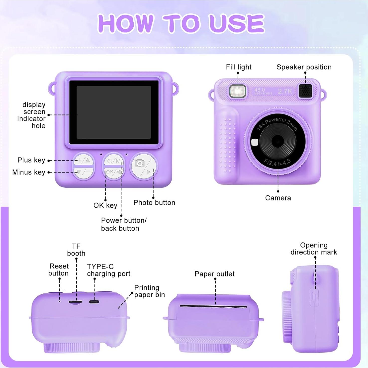 Cámara Digital Instantánea para Niños ENERHAMP 1080p 32GB Púrpura