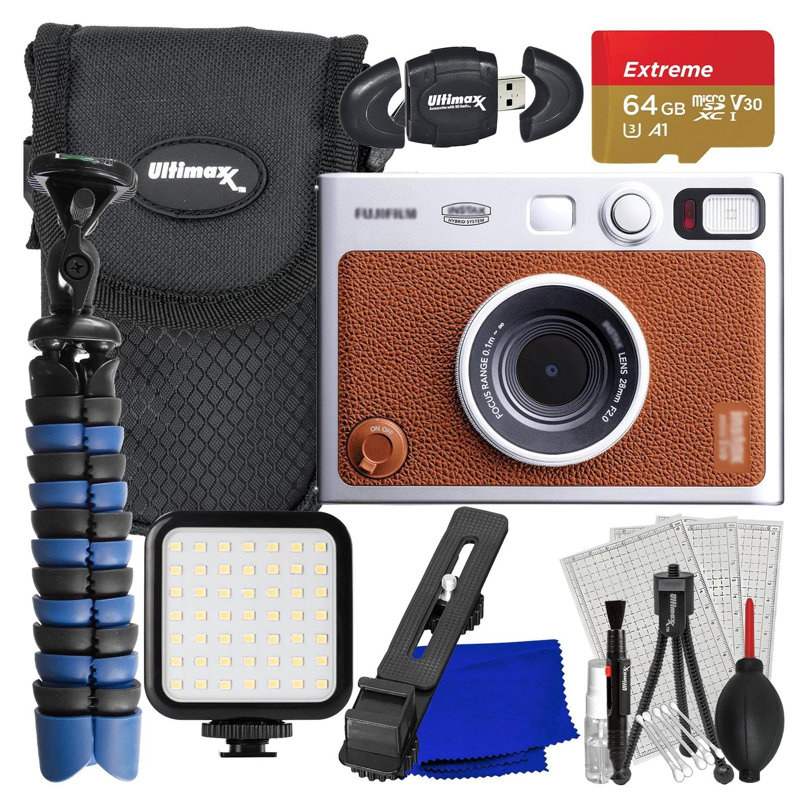 Ultimaxx Advanced FUJIFILM MINI EVO Hybrid Instant Camera Bundle (Brown): 64GB Extreme microSD Memory Card, Mini Tripod, Ultra-Bright LED Light Kit, Point-and-Shoot Case &Much More(15pc Bundle)