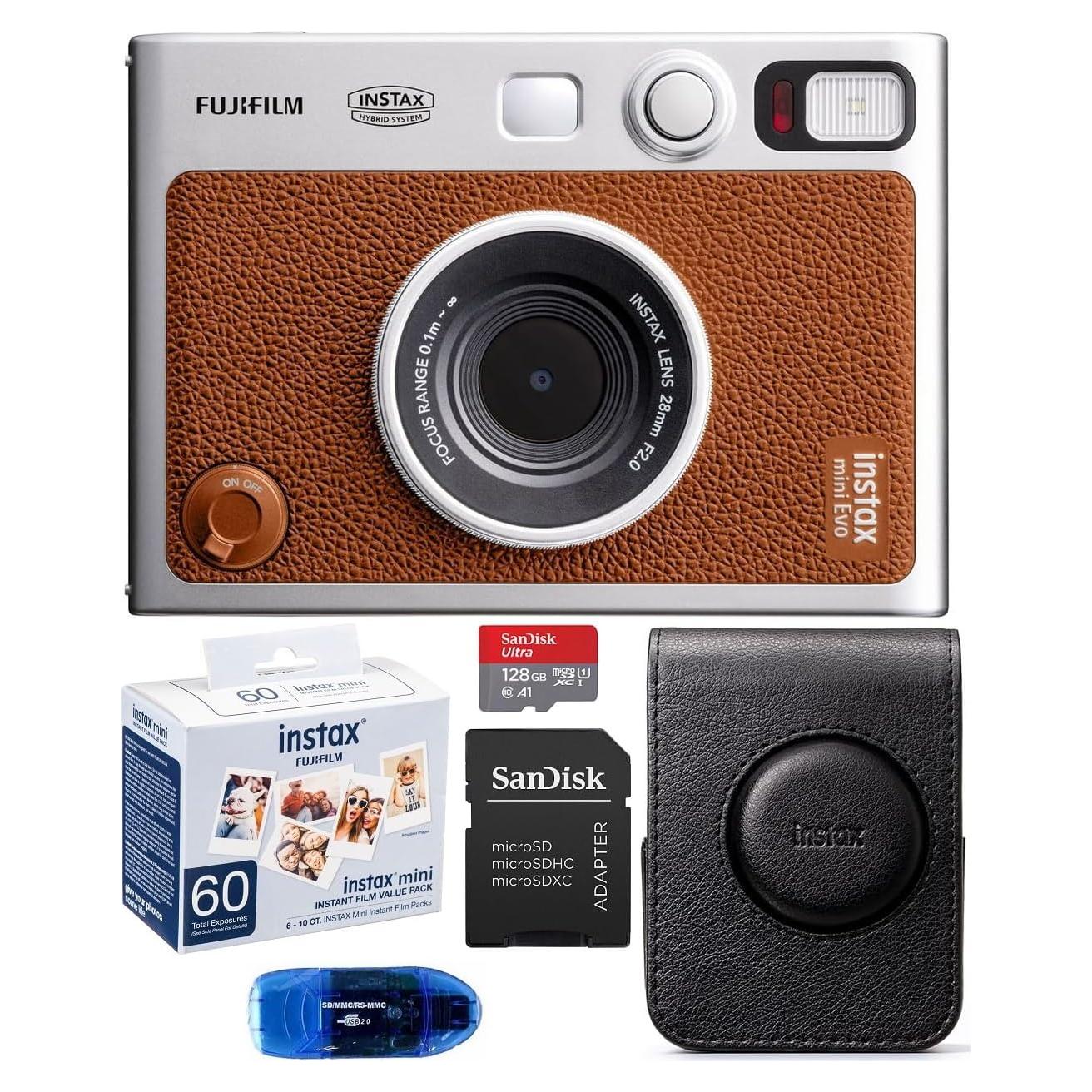 Cámara Instantánea Híbrida Fujifilm INSTAX Mini EVO Marrón + Película 60 Exposiciones + Tarjeta 128GB