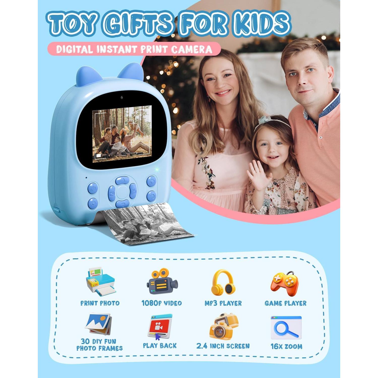 Cámara Instantánea Mandizza P01 para Niños - Azul, 2.4" LCD