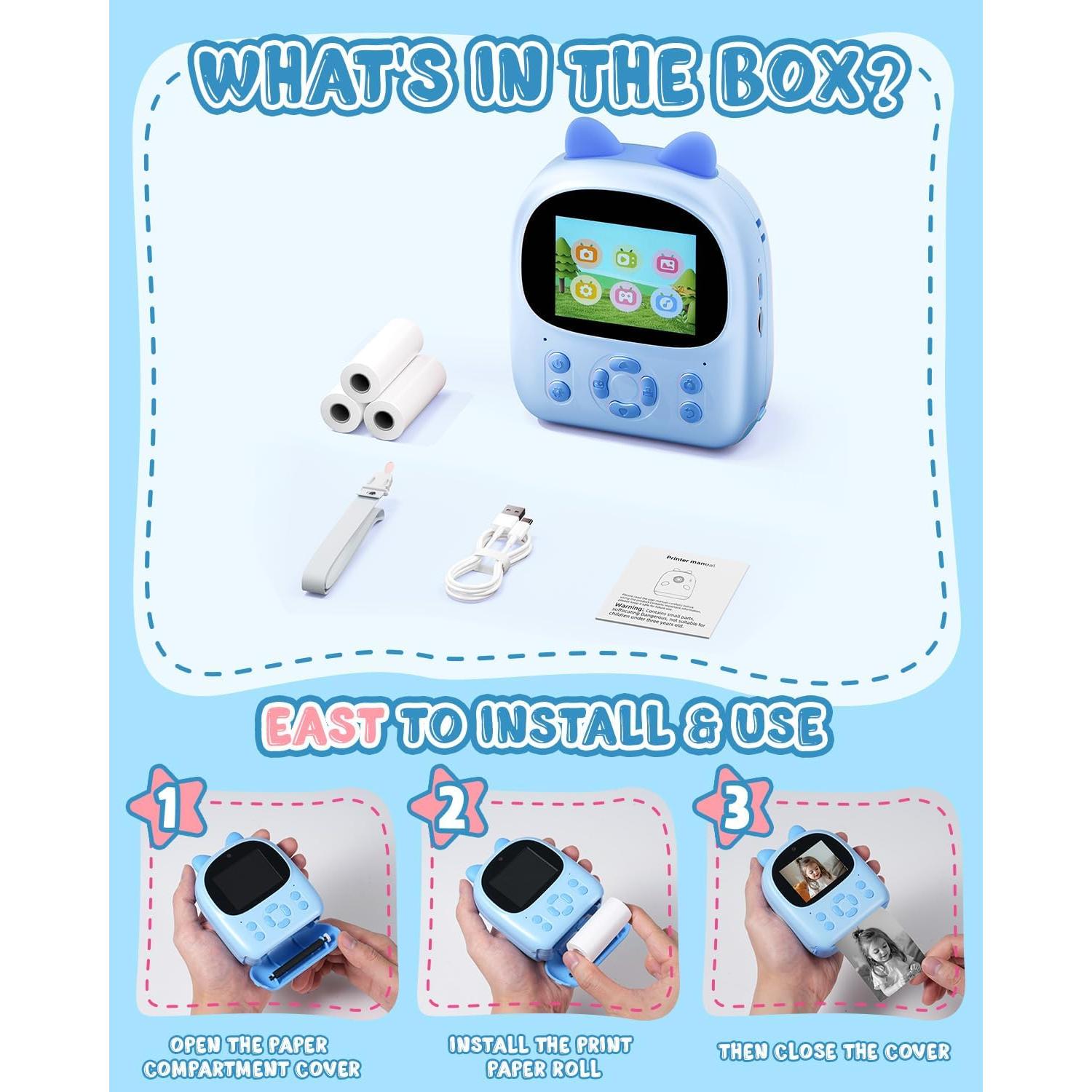 Cámara Instantánea Mandizza P01 para Niños - Azul, 2.4" LCD