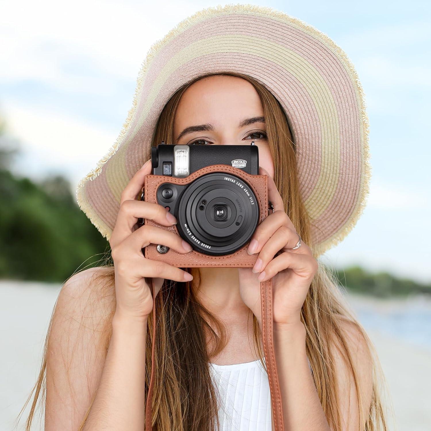 MUZIRI KINOKOO Case for Instax Mini 99 Instant Camera, Retro Style PU Leather Instax Mini 99 Case Easy Carrying with Adjustable Shoulder Strap - Brown﻿