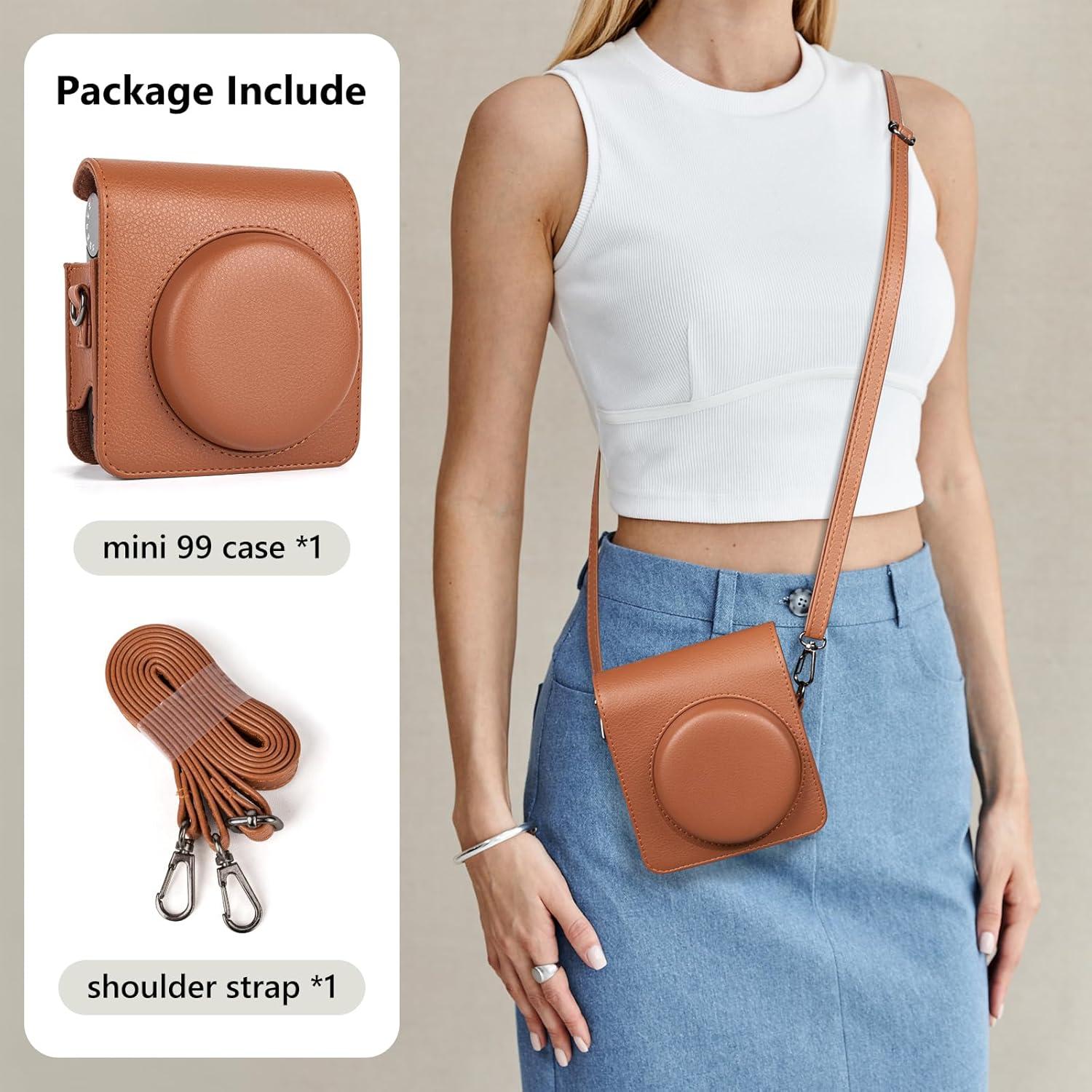 MUZIRI KINOKOO Case for Instax Mini 99 Instant Camera, Retro Style PU Leather Instax Mini 99 Case Easy Carrying with Adjustable Shoulder Strap - Brown﻿