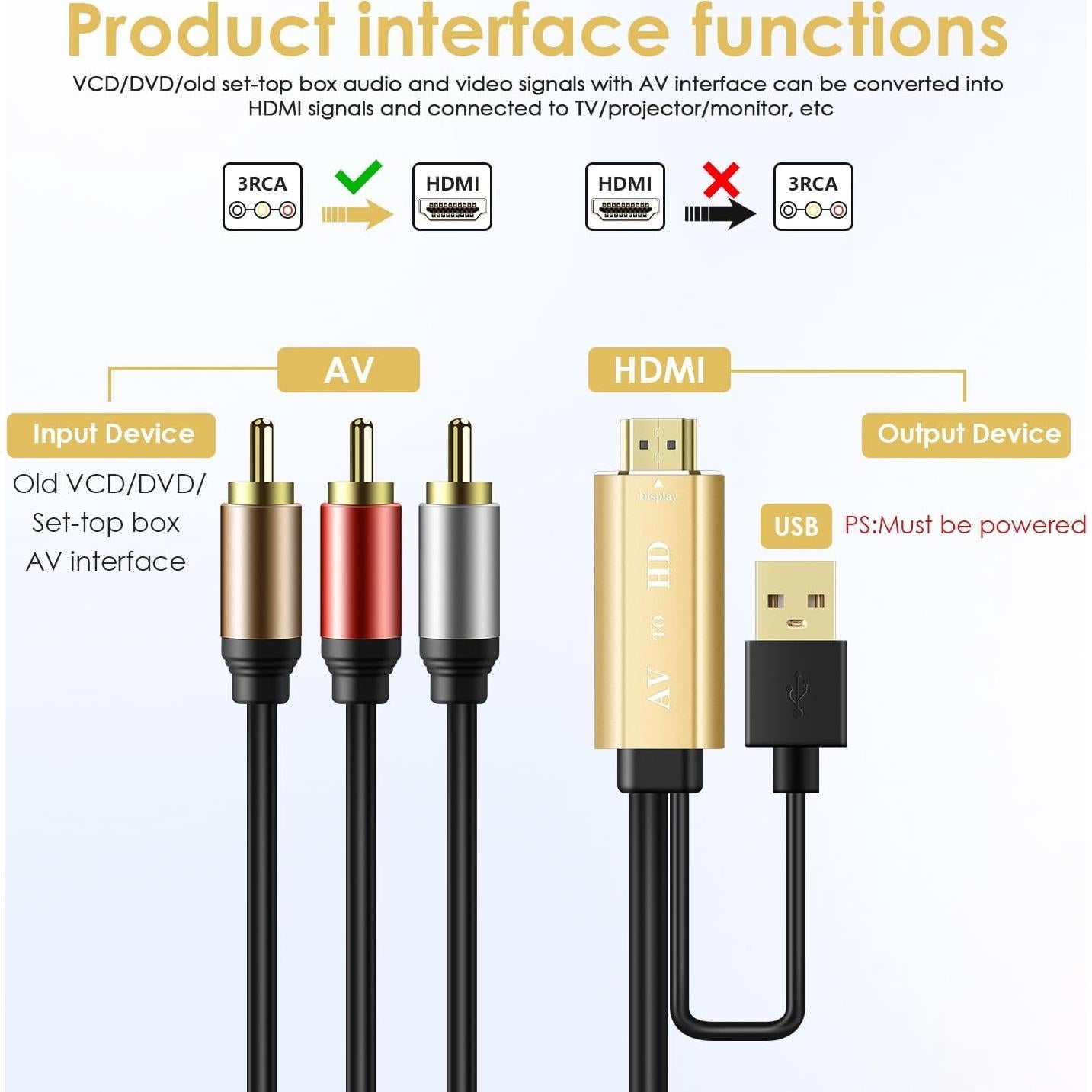Convertidor RCA a HDMI Pasow 1080P - Adaptador AV Oro
